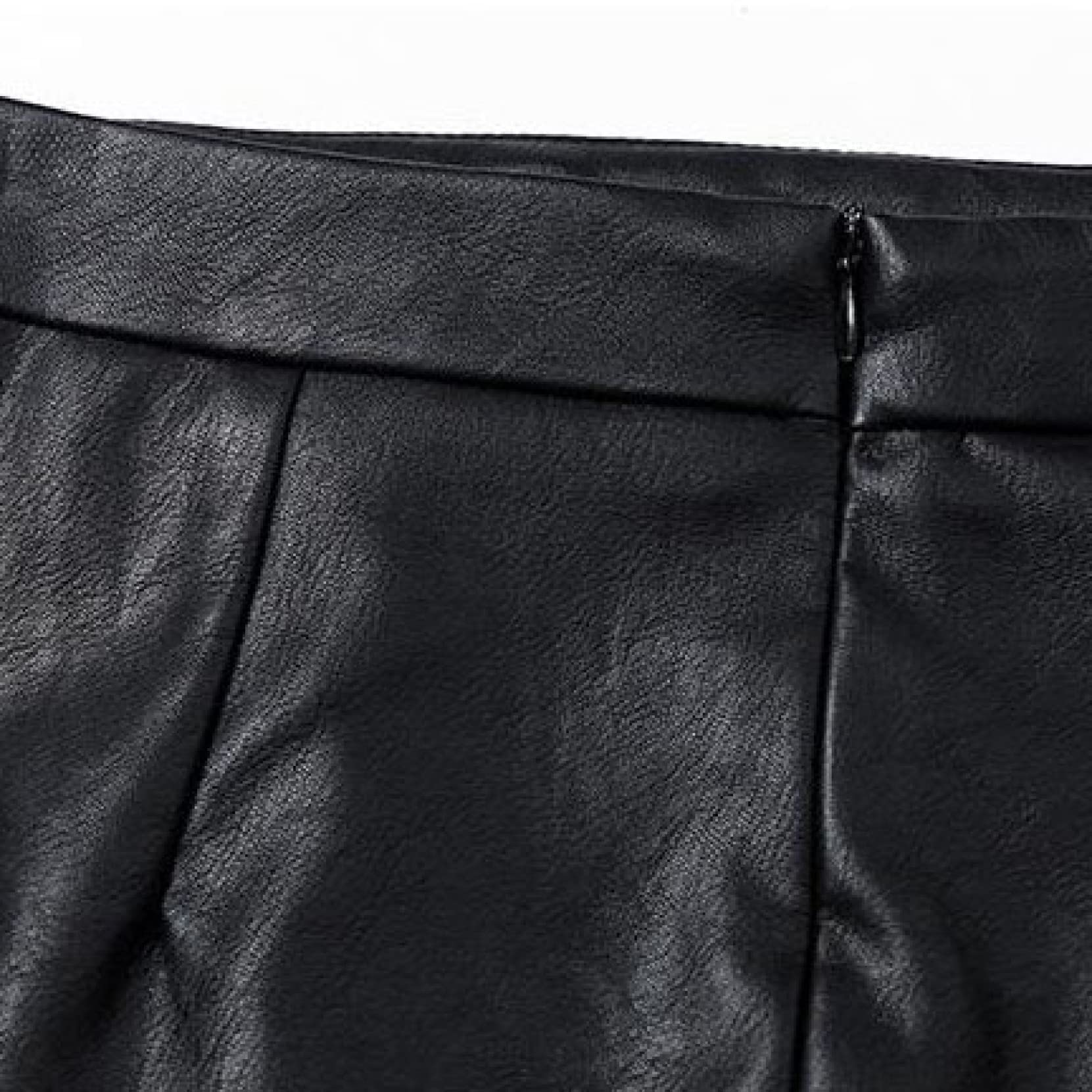 YURASIKU Women's Elegant Faux Leather High Waist Mini Flared Skirt with Adjustable Slit & Zipper - A-Line Tight Pencil Skirt in Black for Office, Party & Night Out