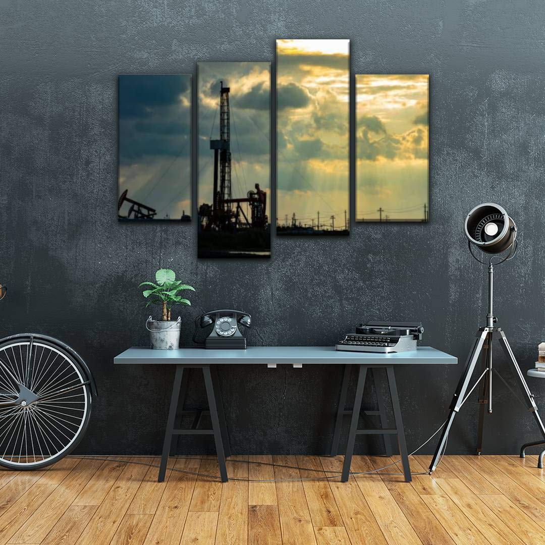 4 Panels Oilfield Derrick Canvas Paintings - Modern Oil Industry Wall Art & Framed Posters Ready to Hang - Home & Office Decor for Living Room, Bedroom, Man Cave