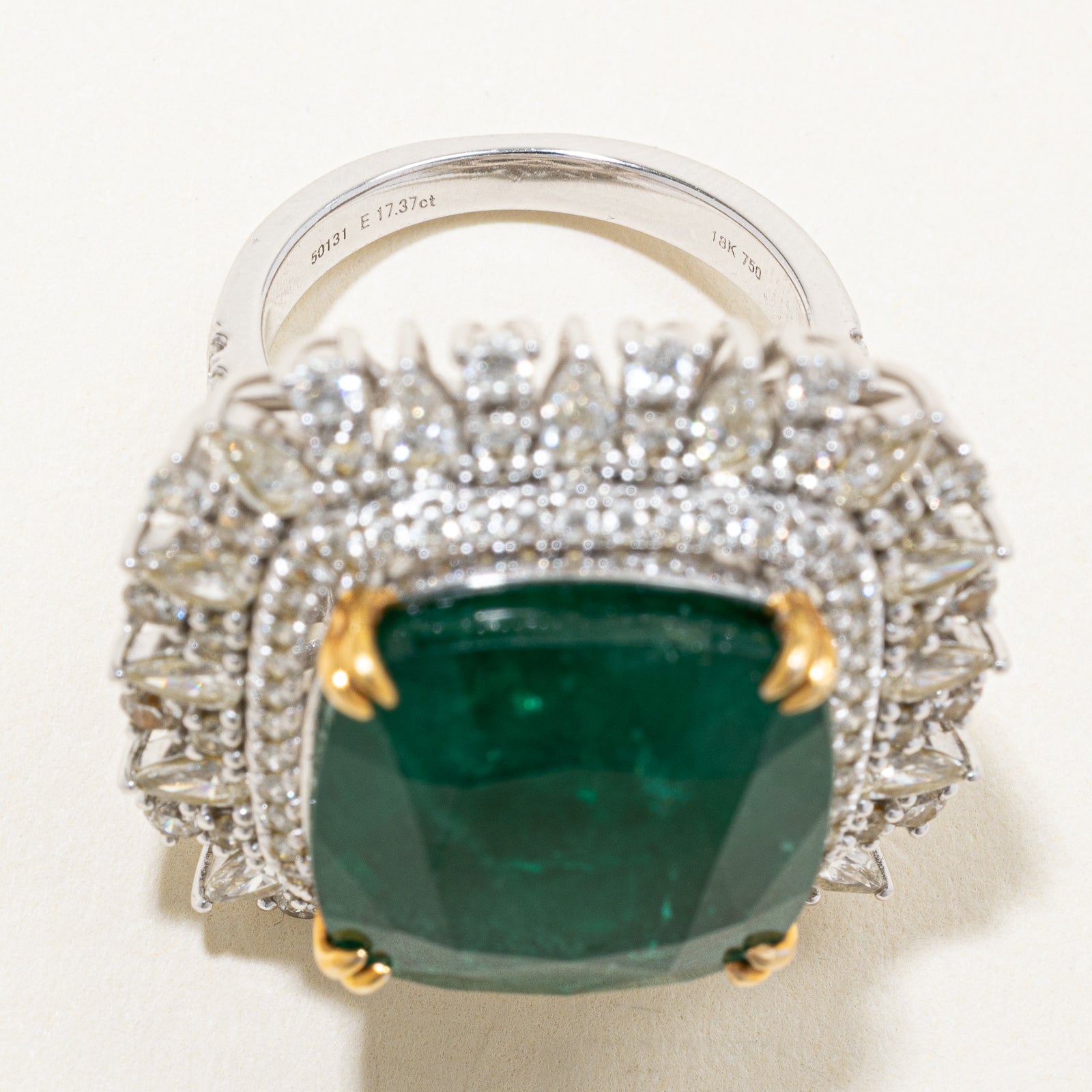 18K White Gold Emerald and Diamond Cocktail Ring - 17.37ct Emerald & 1.87ctw Diamonds - Size 7.25 - Elegant Evening Wear & Special Occasion Jewelry