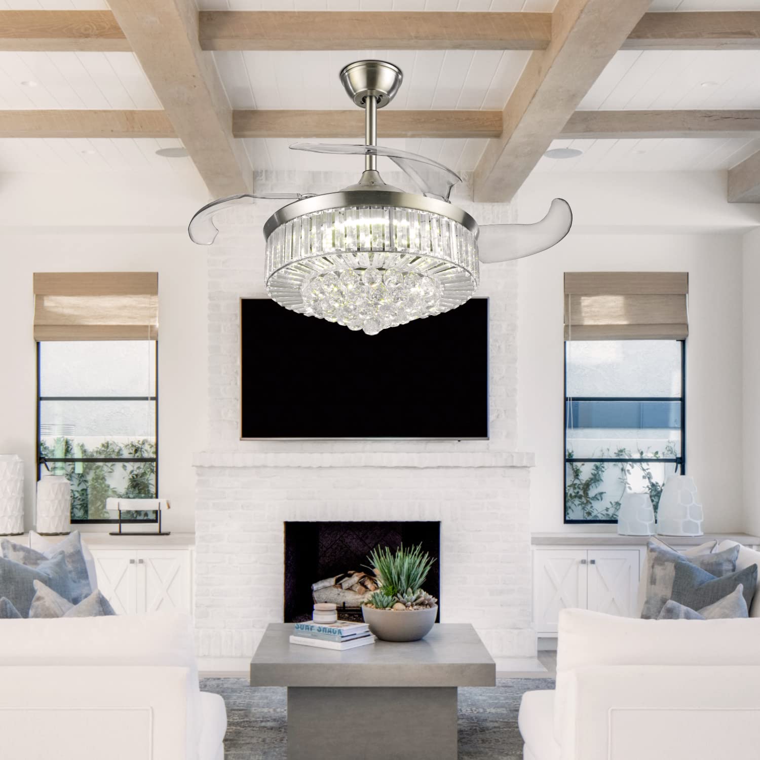 42 Inch Retractable Ceiling Fan with Lights - 6 Speed Modern Crystal Chandelier Fandelier, Reversible Motor for Bedroom, Living Room & Office - Perfect for Home Cooling and Stylish Lighting Decor
