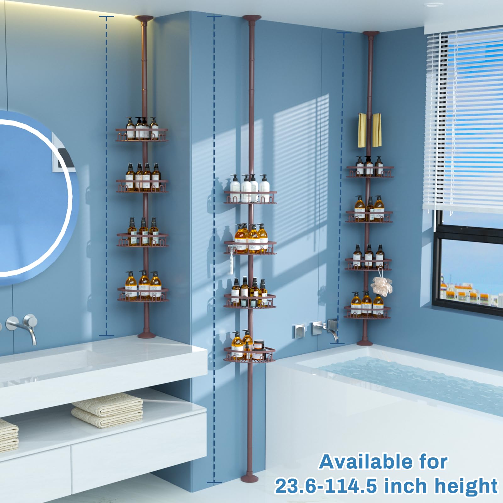 Rustproof Shower Corner Caddy Shelf - Adjustable Tension Pole Organizer (23.6-114.5 Inch) with 4 Baskets & Towel Bar for Bathroom Storage - Bronze | Perfect for Shampoo, Soap & Bath Accessories Organization in Bathtub/Shower