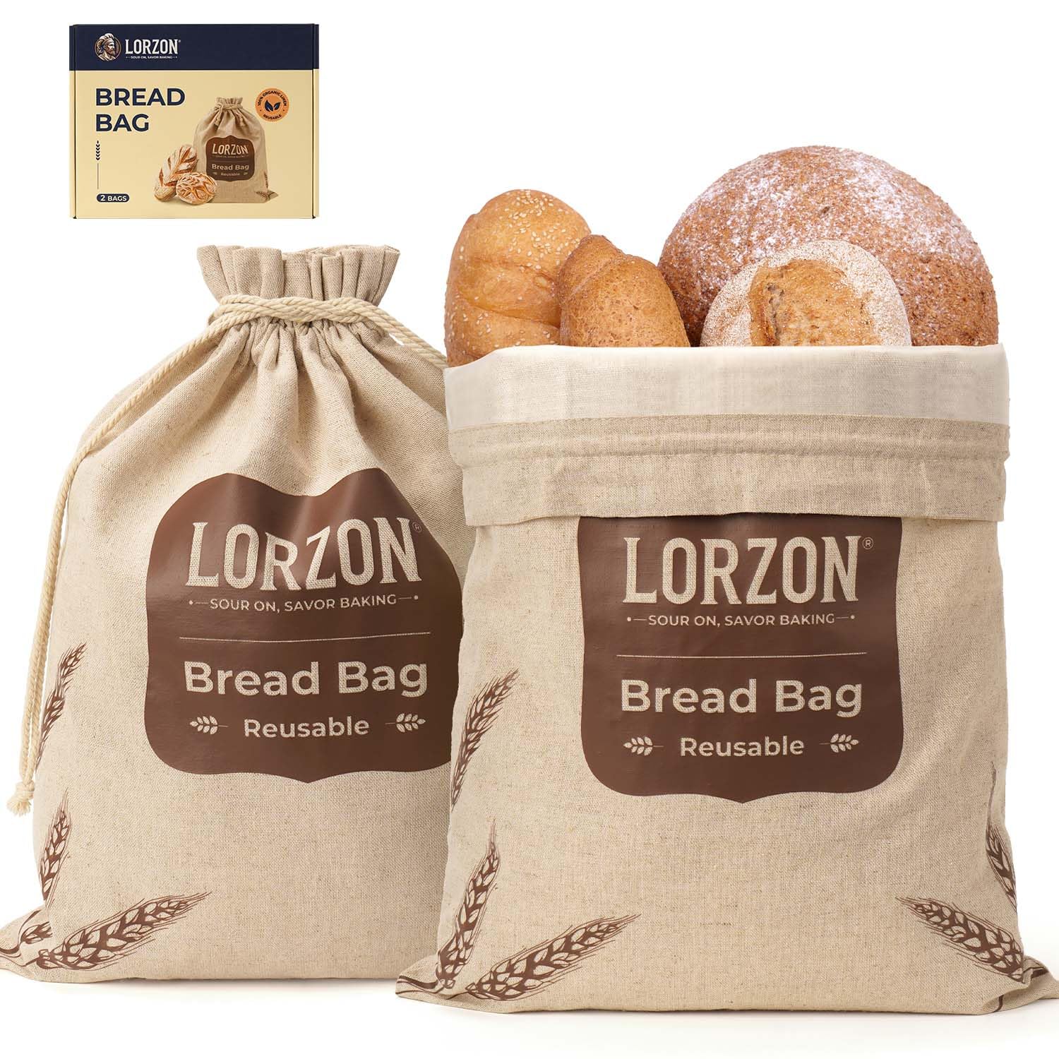 Reusable Bread Bags for Homemade Sourdough & Artisan Bread - Large Linen Bread Storage Bags with TPU Lining (2 Pack) - Perfect for Fresh Bread, Bakery Gifts & Eco-Friendly Kitchen Storage