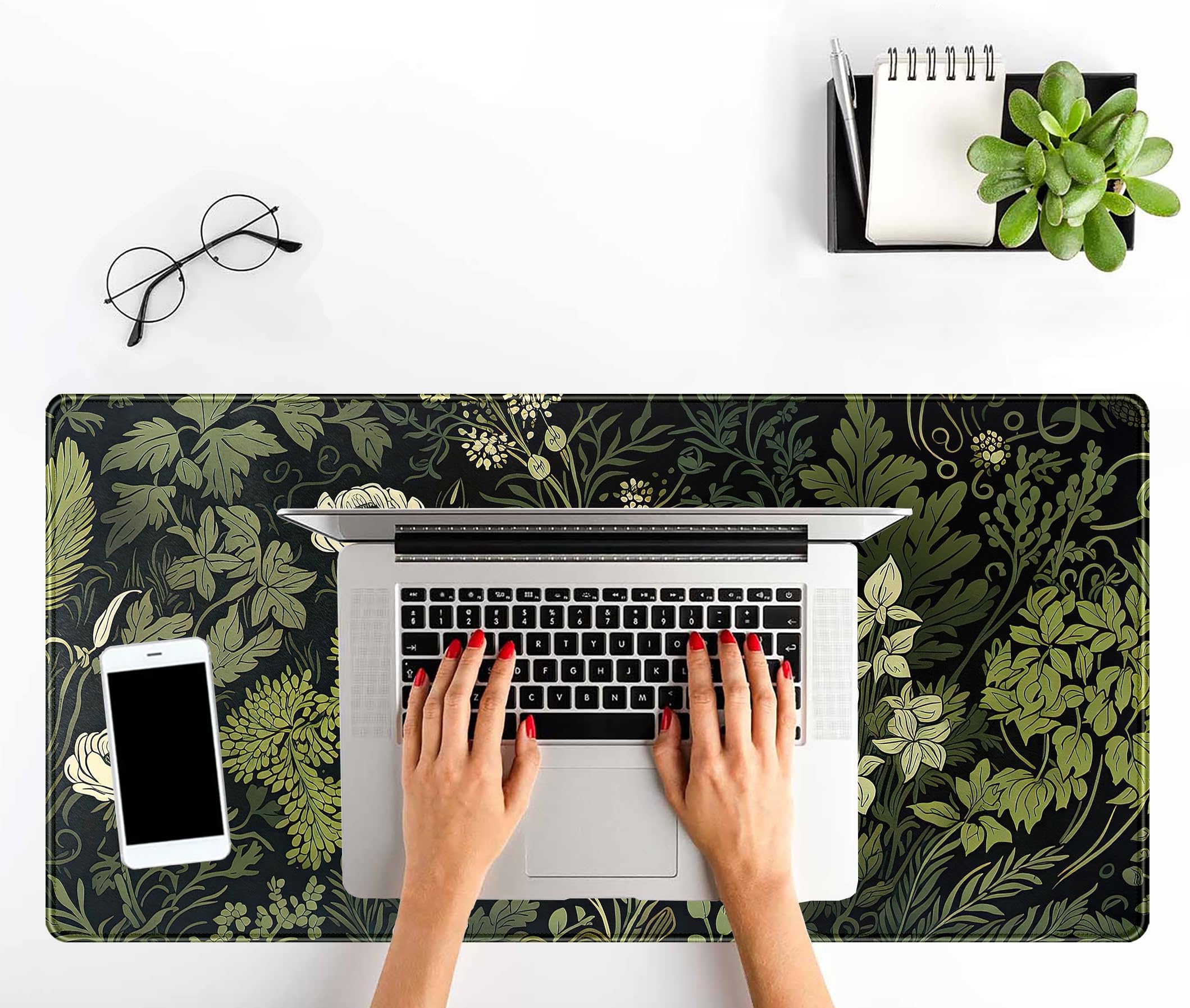 Large XXL Green Leaves Desk Mat - Beige Plants Mouse Pad with Fresh Foliage Design, 31.5x15.75 Inch Extended Keyboard Mat for Laptop & Wireless Mouse - Aesthetic Black Desktop Mat for Office, Home or Gift (Perfect for Women's Workspace & Home Decor)