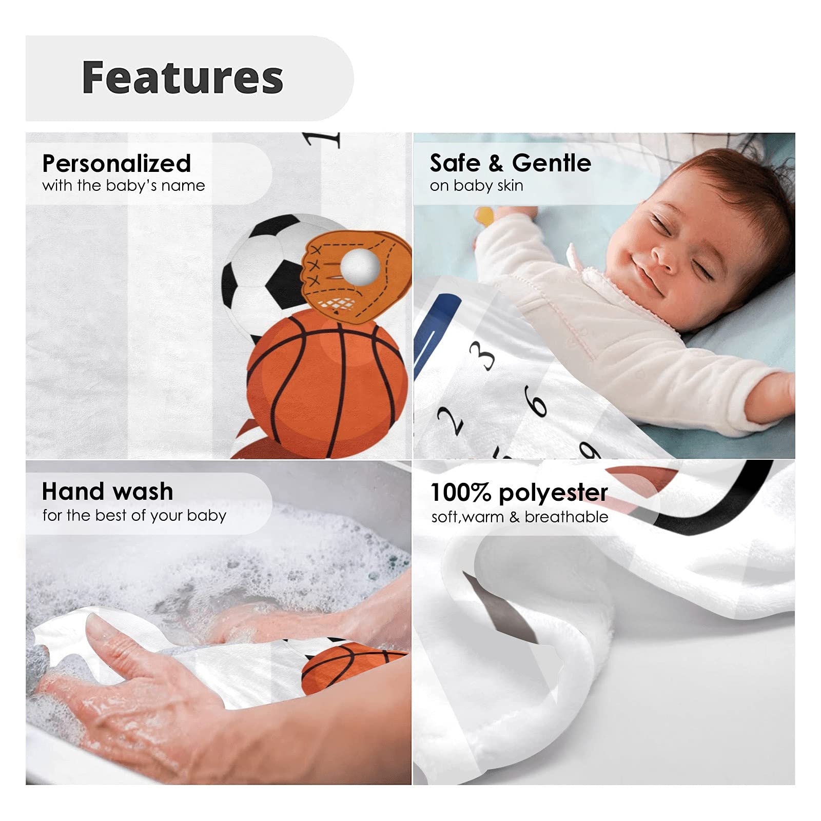 Personalized Baby Swaddle Blanket with Name - Custom Sport Ball Monthly Milestone Receiving Blanket for Newborns, Girls & Boys (30x40 Inches) - Perfect Baby Shower Gift & Nursery Essential for Crib, Photo Shoots & Milestone Celebrations