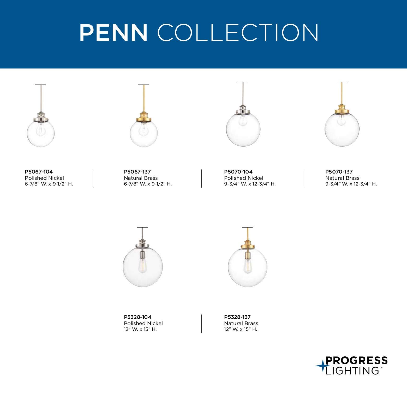 Penn Collection 1-Light Clear Glass Farmhouse Pendant Light with Natural Brass Finish - Perfect for Kitchen Island, Dining Room, and Entryway Lighting