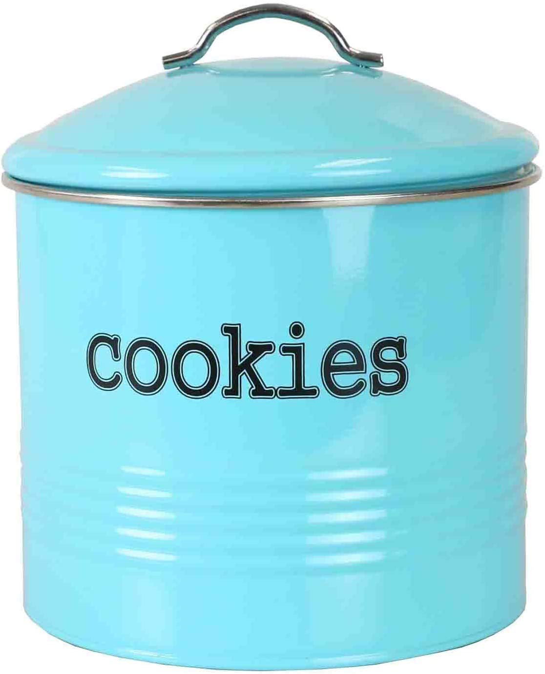 Vintage Farmhouse Turquoise Cookie Jar with Airtight Lid - Large Tin Storage Container for Cookies, Biscuits, Baked Goods & Snacks - Perfect for Kitchen, Pantry Organization & Rustic Home Decor