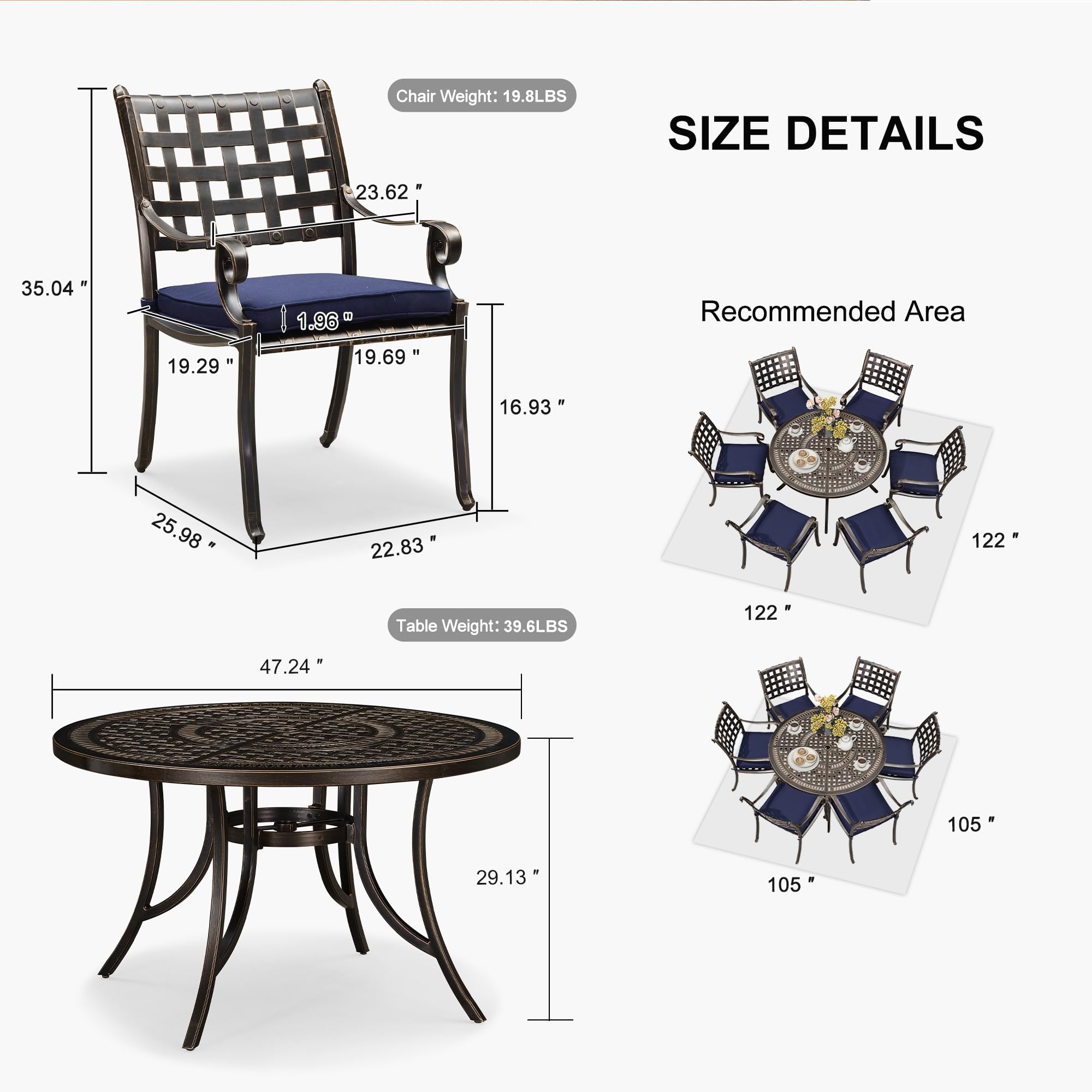 PURPLE LEAF 7-Piece Outdoor Dining Set - Cast Aluminum Patio Furniture with 6 Armchairs & 47