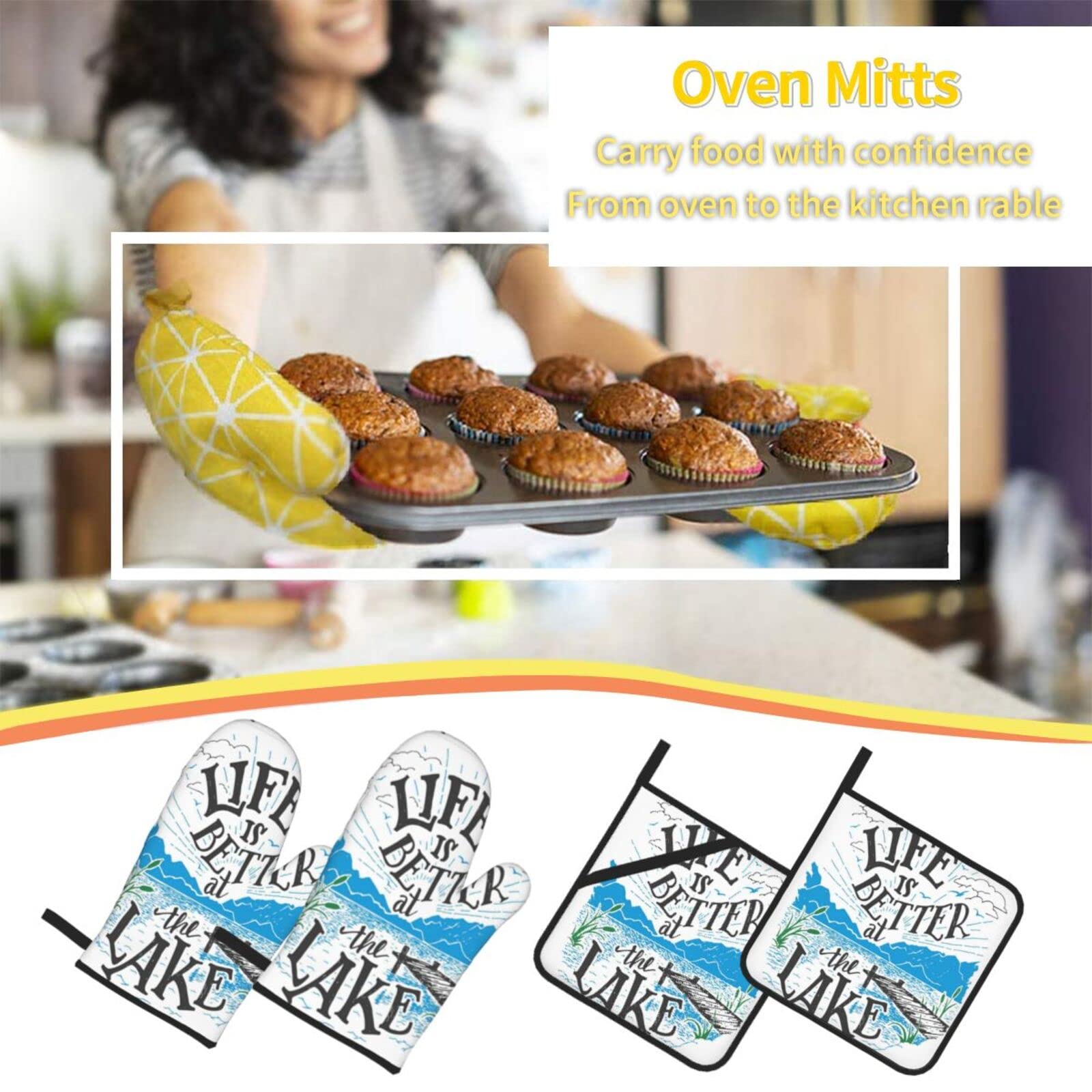 Heat Resistant Oven Mitts and Pot Holders Set of 4 - Non-Slip Kitchen Gloves for Grilling, Baking, Cooking & BBQ - Perfect for Lakeside, Pier, Mountain & Outdoor Cooking Adventures