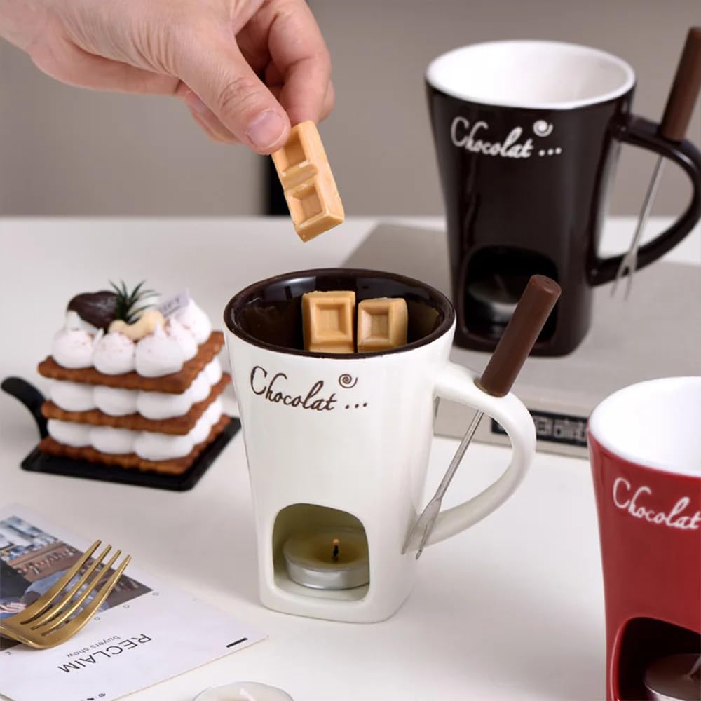 4.58oz Chocolate Fondue Mugs Set with Forks - Ceramic Melting Pot for Cheese, Caramel & Chocolate - Includes Tealight Candle - Perfect for Romantic Dinners, Dessert Parties & Coffee Butter Warmers