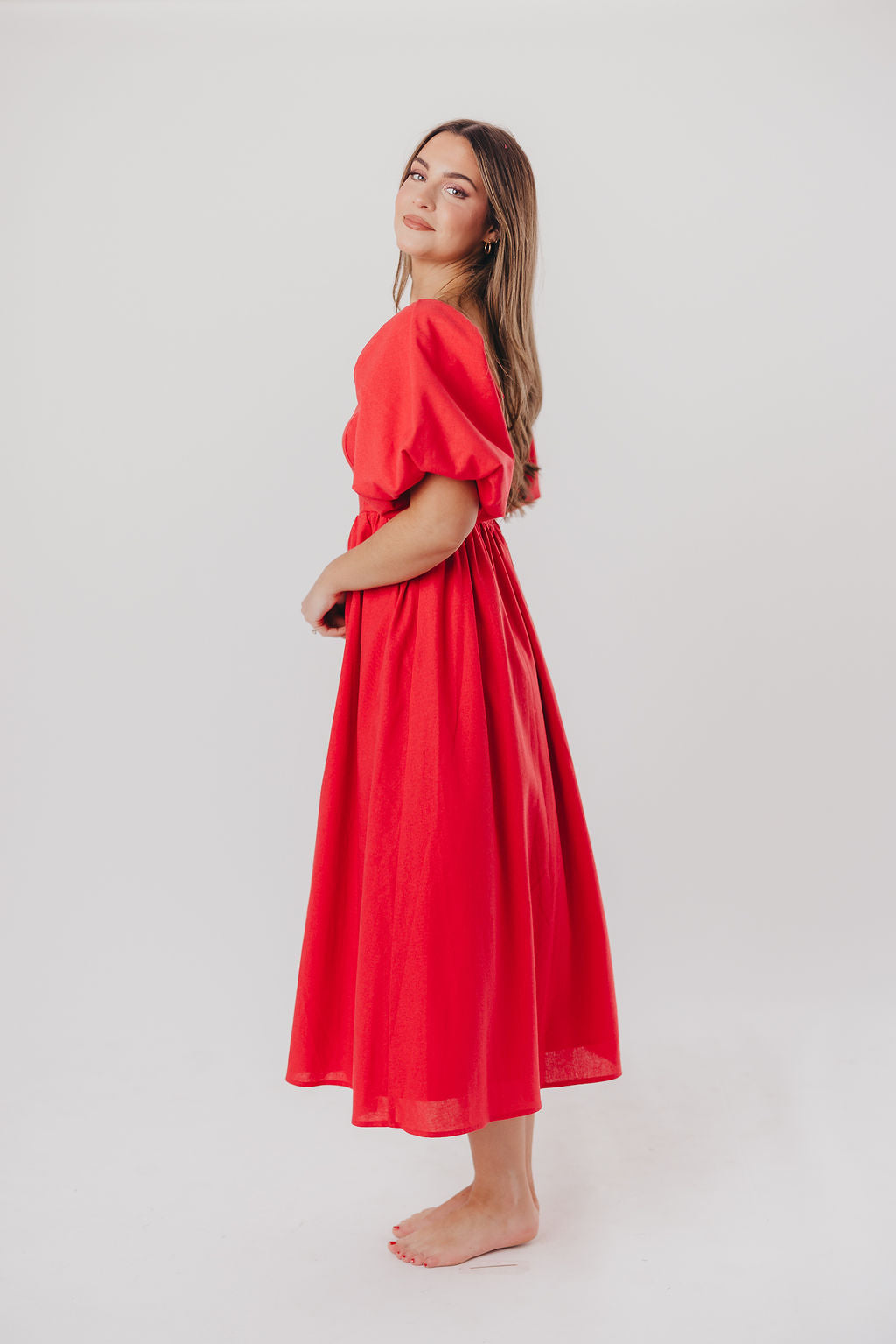 Hamilton Midi Dress in Red - Bump Friendly Maternity Dress (S-XL) | Flowy Summer Dress for Pregnancy, Baby Shower & Special Occasions