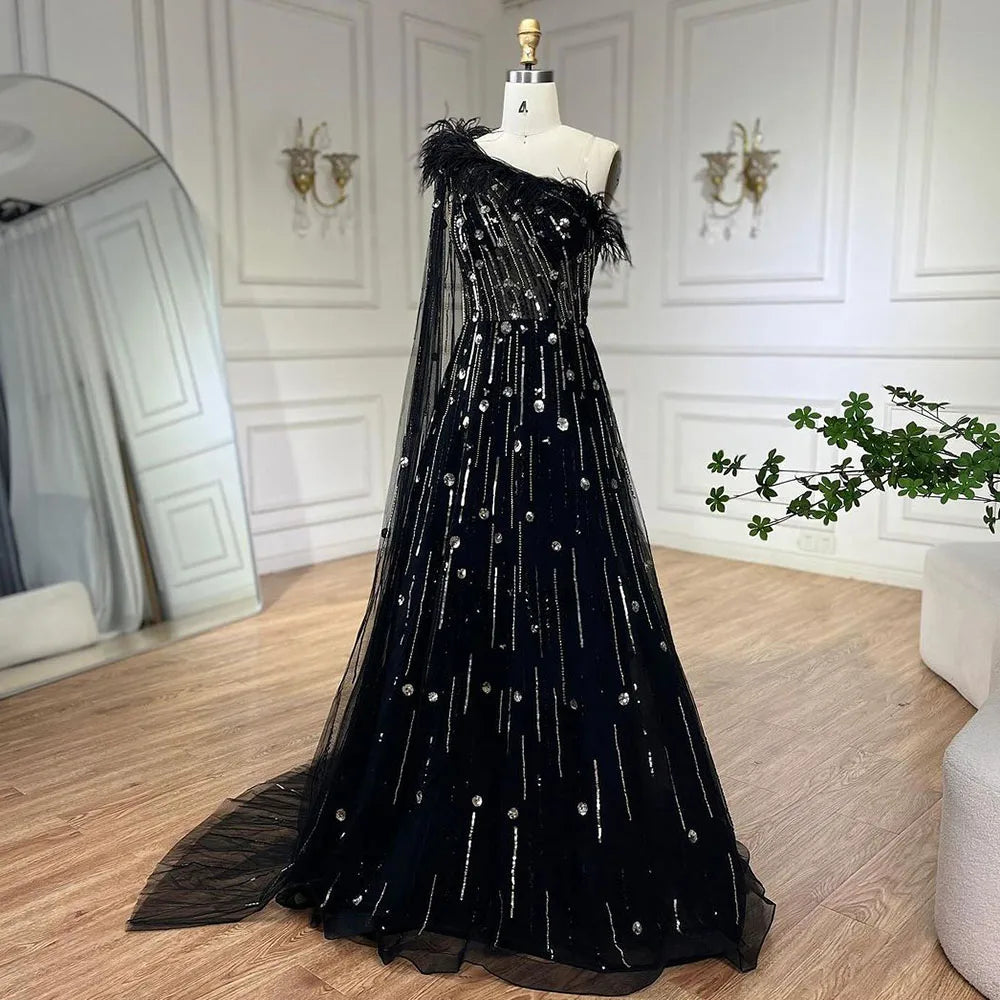 Serene Hill Lilac A-Line One Shoulder Cape Sleeve Beaded Feather Evening Gown for Women - Elegant Wedding Party Dress for Prom, Gala & Formal Events LA72503A