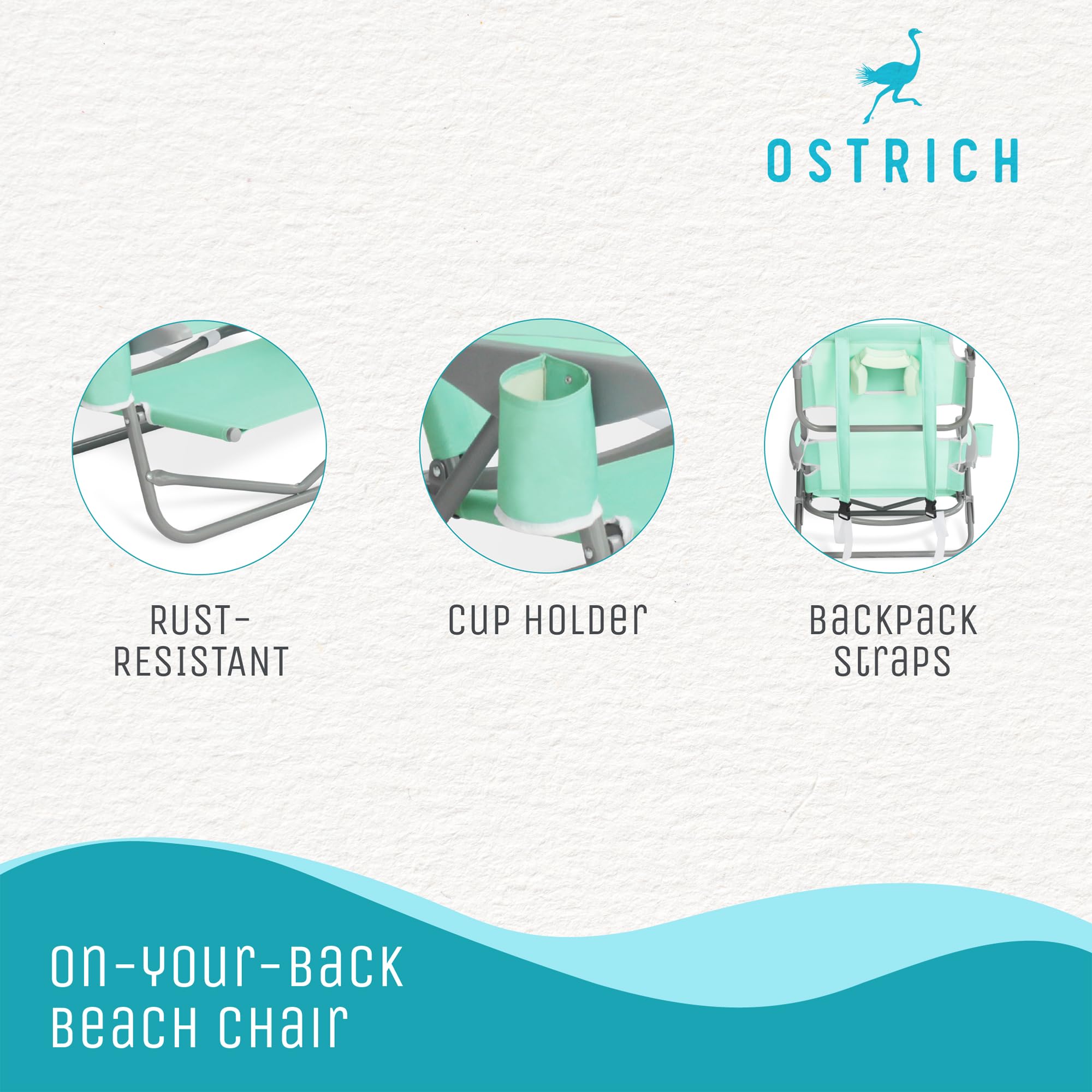 Adjustable Ostrich On Your Back Beach Chair with Face Hole - Portable Lounge Chair with Cup Holder for Tanning, Reading & Relaxing | Heavy Duty Lay Flat Tanning Chair for Adults | Perfect for Beach, Poolside, Backyard & Outdoor Use (Teal)