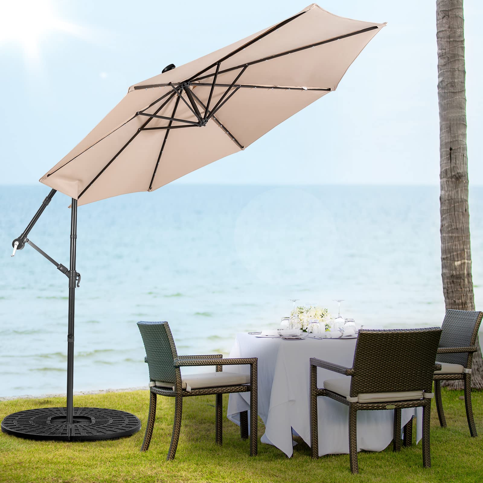 Giantex 10 Ft Solar Powered LED Patio Umbrella with 8 Ribs & Tilting Adjustment - Heavy Duty Cantilever Outdoor Umbrella for Pool, Garden, Deck, and Backyard Relaxation