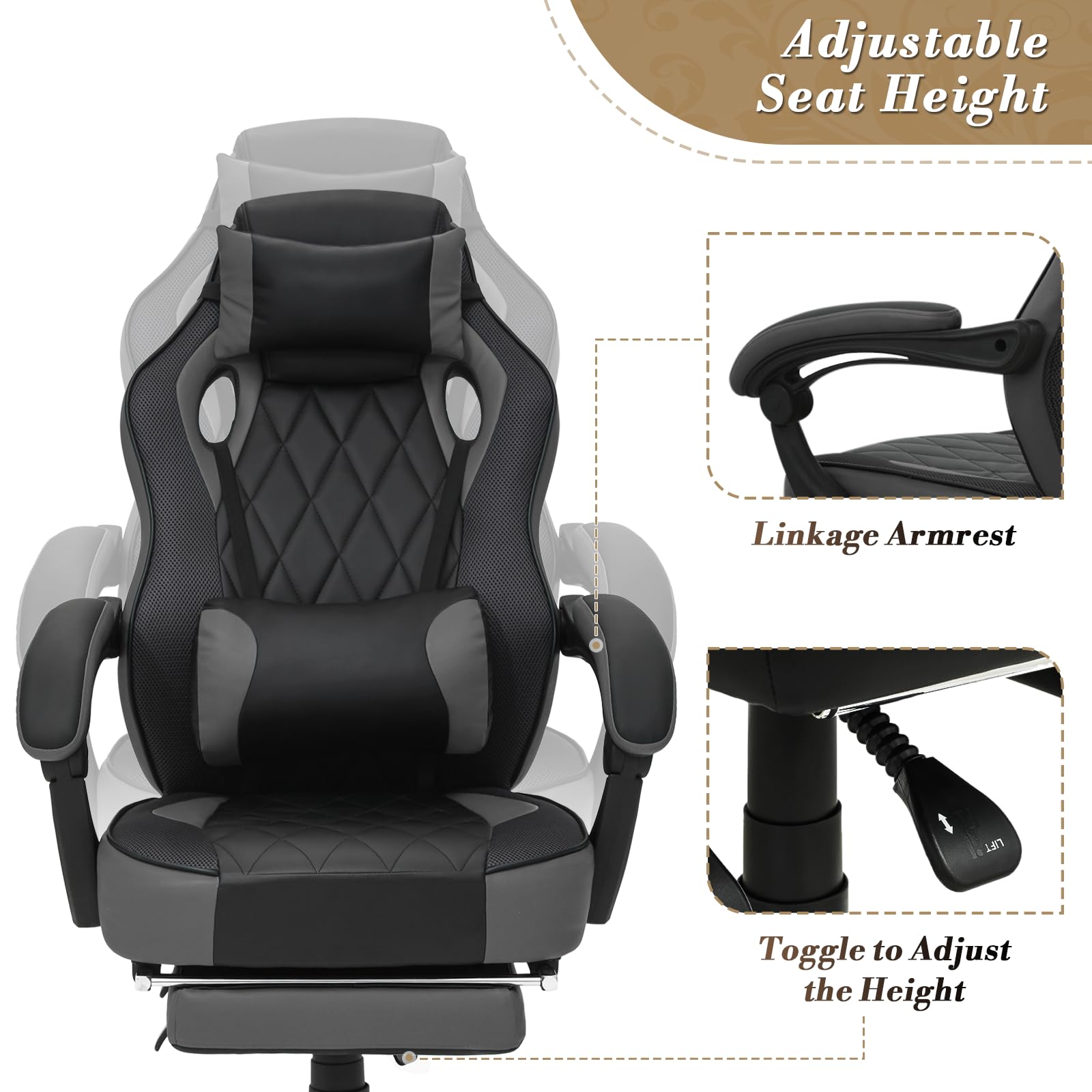 Ergonomic Gaming Chair with Footrest & Headrest Lumbar Support - Adjustable Height Swivel Computer Office Chair for Adults & Kids (Grey) - Perfect for Gaming, Working & Home Office Use