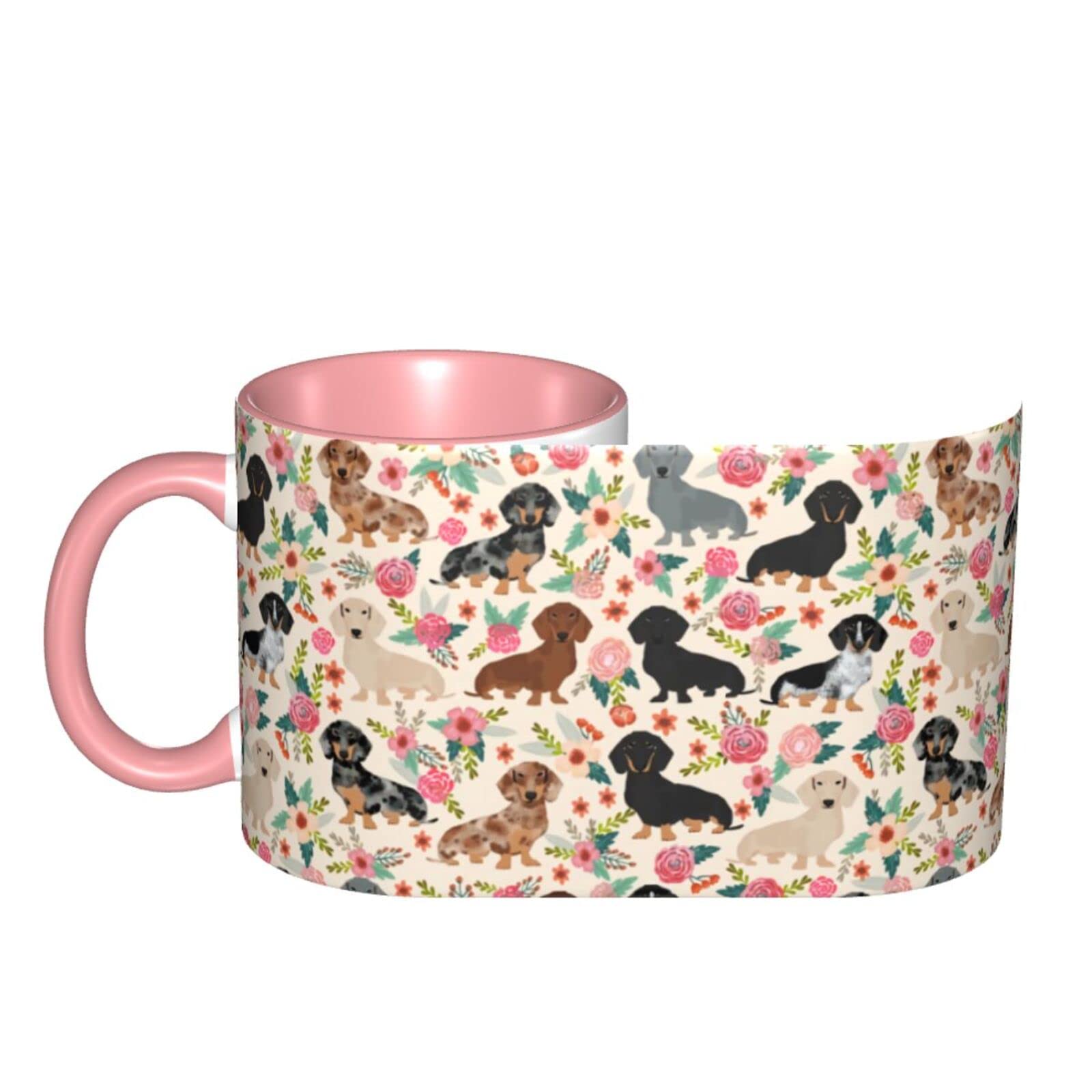 Funny Novelty Ceramic Coffee Mug with Cute Pink Dachshund Sausage Dog & Flowers Design - Microwave & Dishwasher Safe - Perfect for Gifts, Office Use & Coffee Lovers