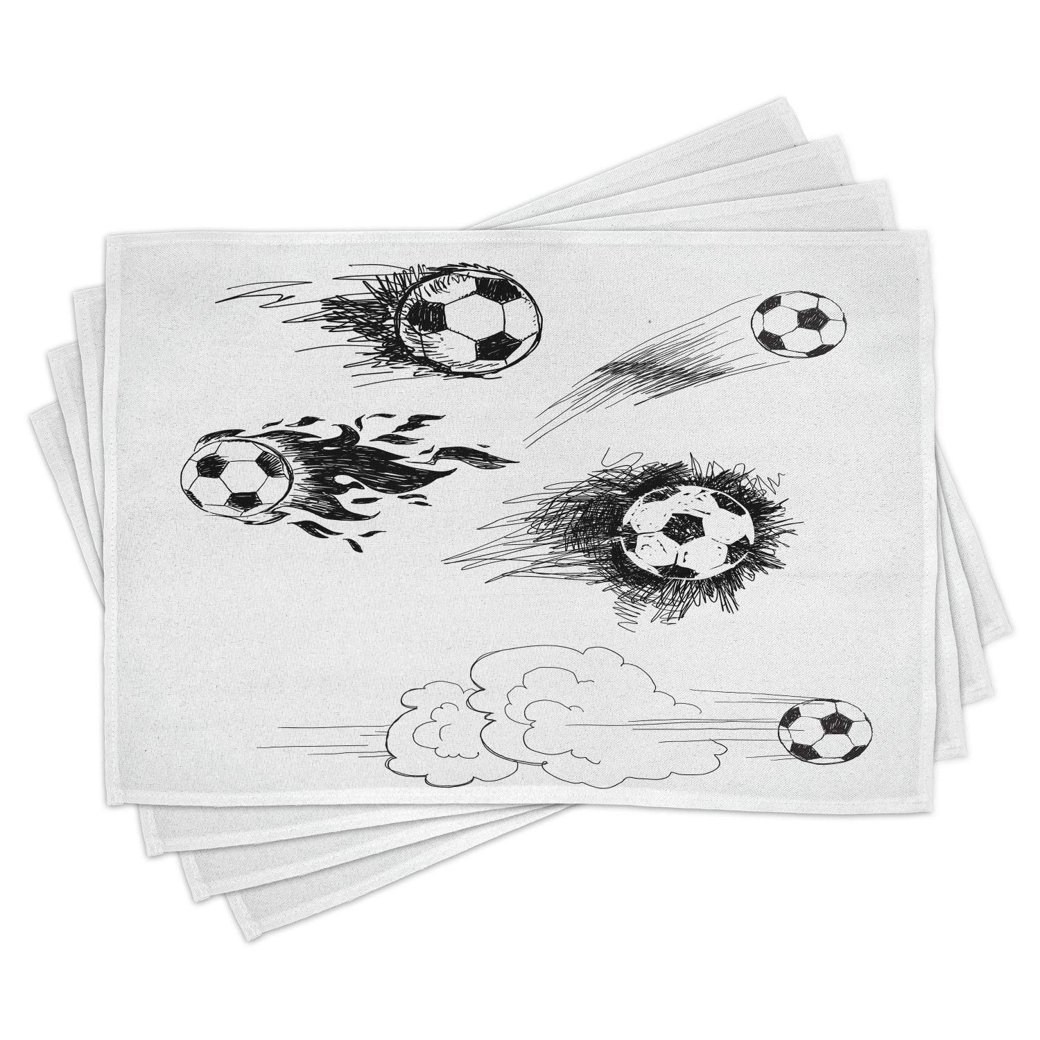 Ambesonne Soccer Placemats Set of 4 - Round Soccer Ball Design, Fast Kick Action Sketch - Washable Fabric Dining Table Mats, Standard Size (16
