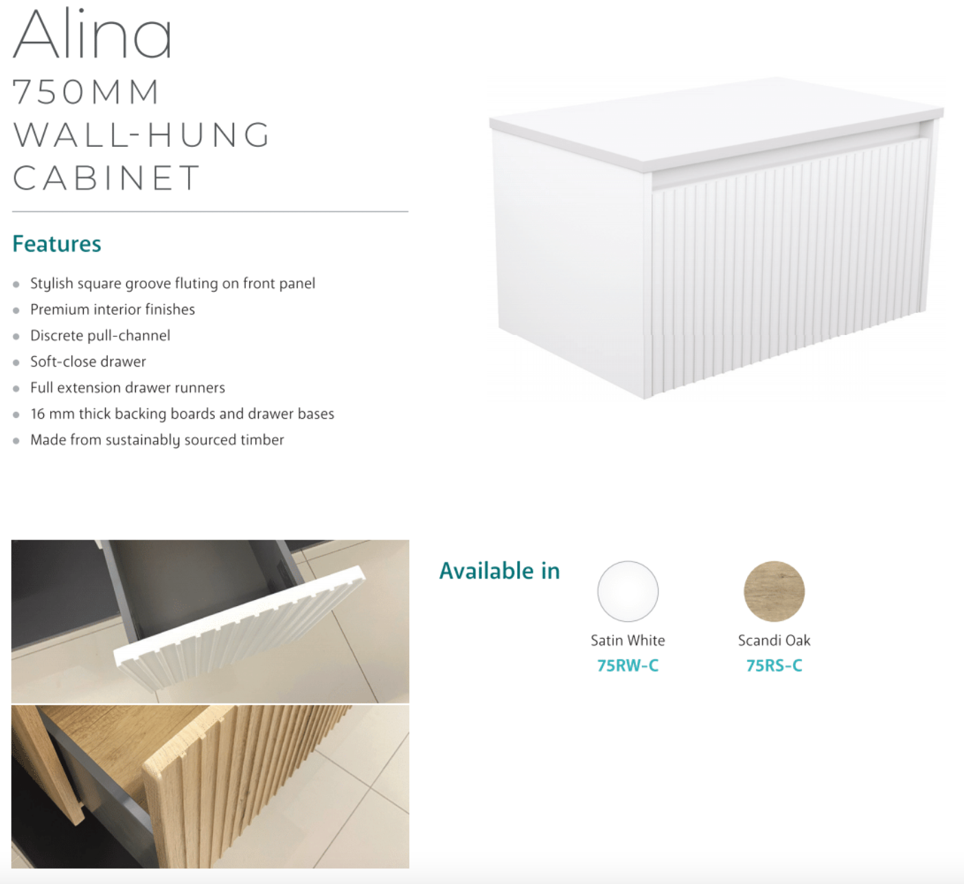 Fienza 75RW C Alina Fluted White 750 Wall Hung Bathroom Vanity Cabinet - No Top Included | Perfect for Modern Bathroom Storage & Organization