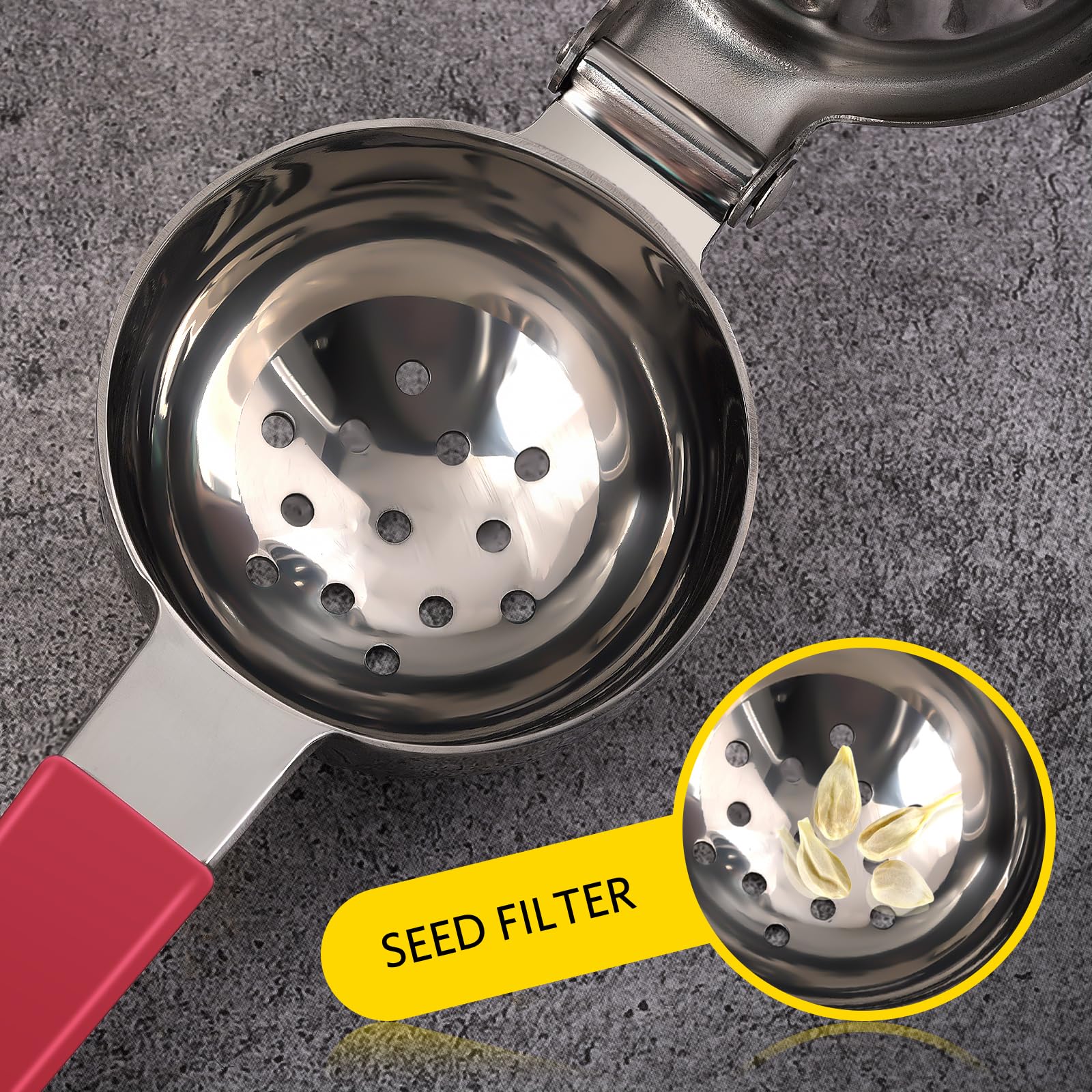 Premium Stainless Steel Lemon Squeezer with Mesh Strainer - Heavy Duty Manual Citrus Press for Seedless Juicing - Non-Slip Grip & Large Metal Bowl - Perfect for Lemonade, Cocktails, and Fresh Juice Making at Home or Bar (Red)