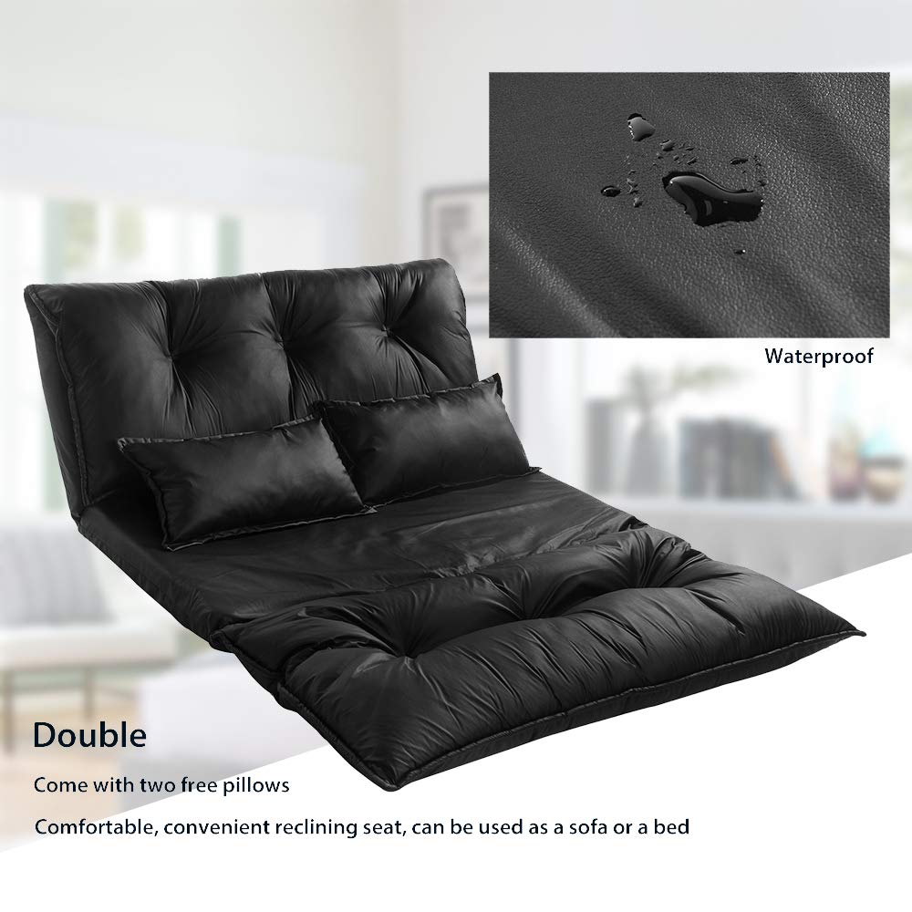 YSKWA Adjustable Floor Couch Sofa - 5 Reclining Positions, Foldable Chaise Lounge with 2 Pillows - Leather Floor Mattress for Living Room, Bedroom & Dorm - Perfect for Relaxing, Reading & Watching TV (Black)