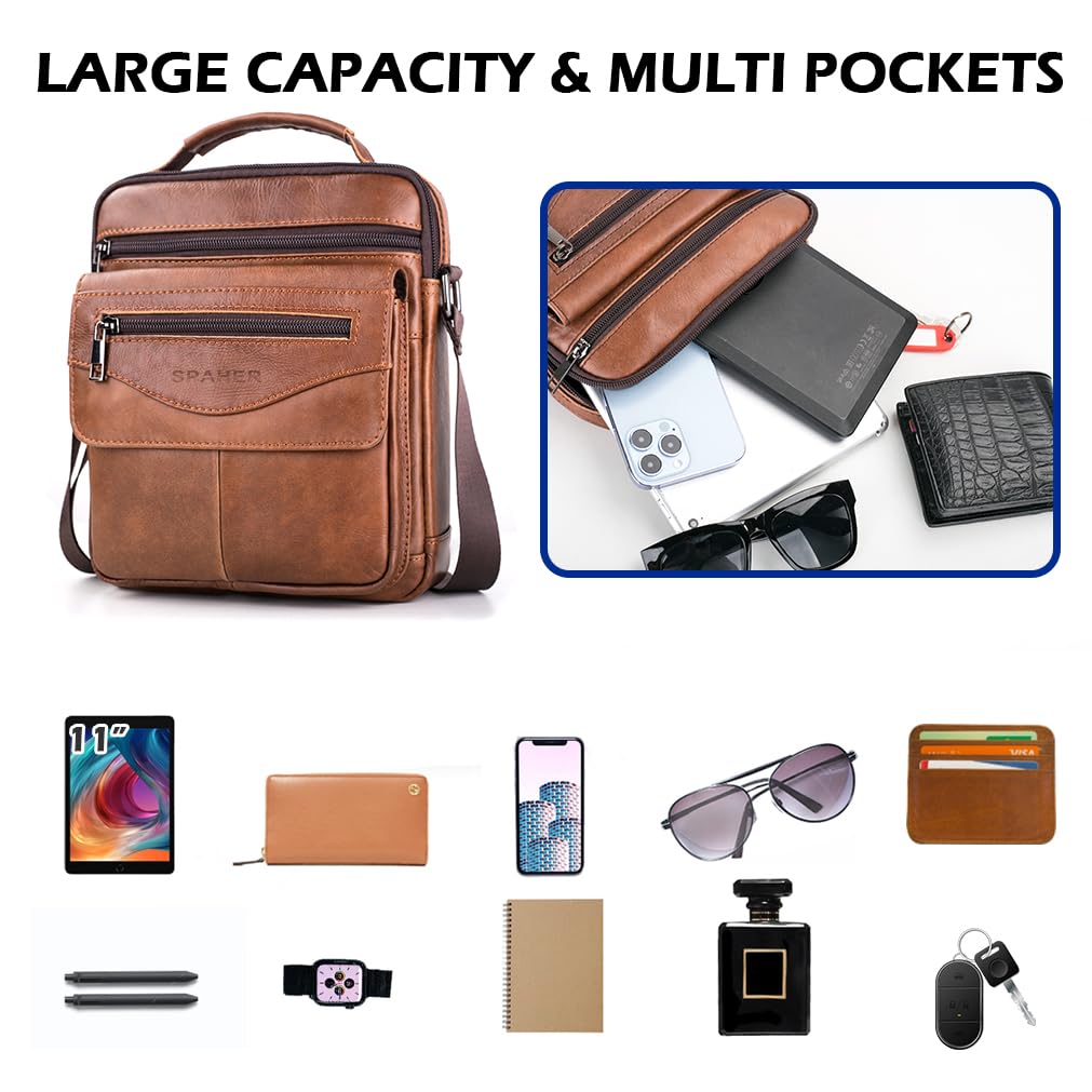 SPAHER Men's Genuine Leather Messenger Bag - Waterproof Crossbody Shoulder Bag for Business & Travel - Adjustable Strap Fits iPad 11 Inch - Brown Satchel for Work, Commuting & Daily Use