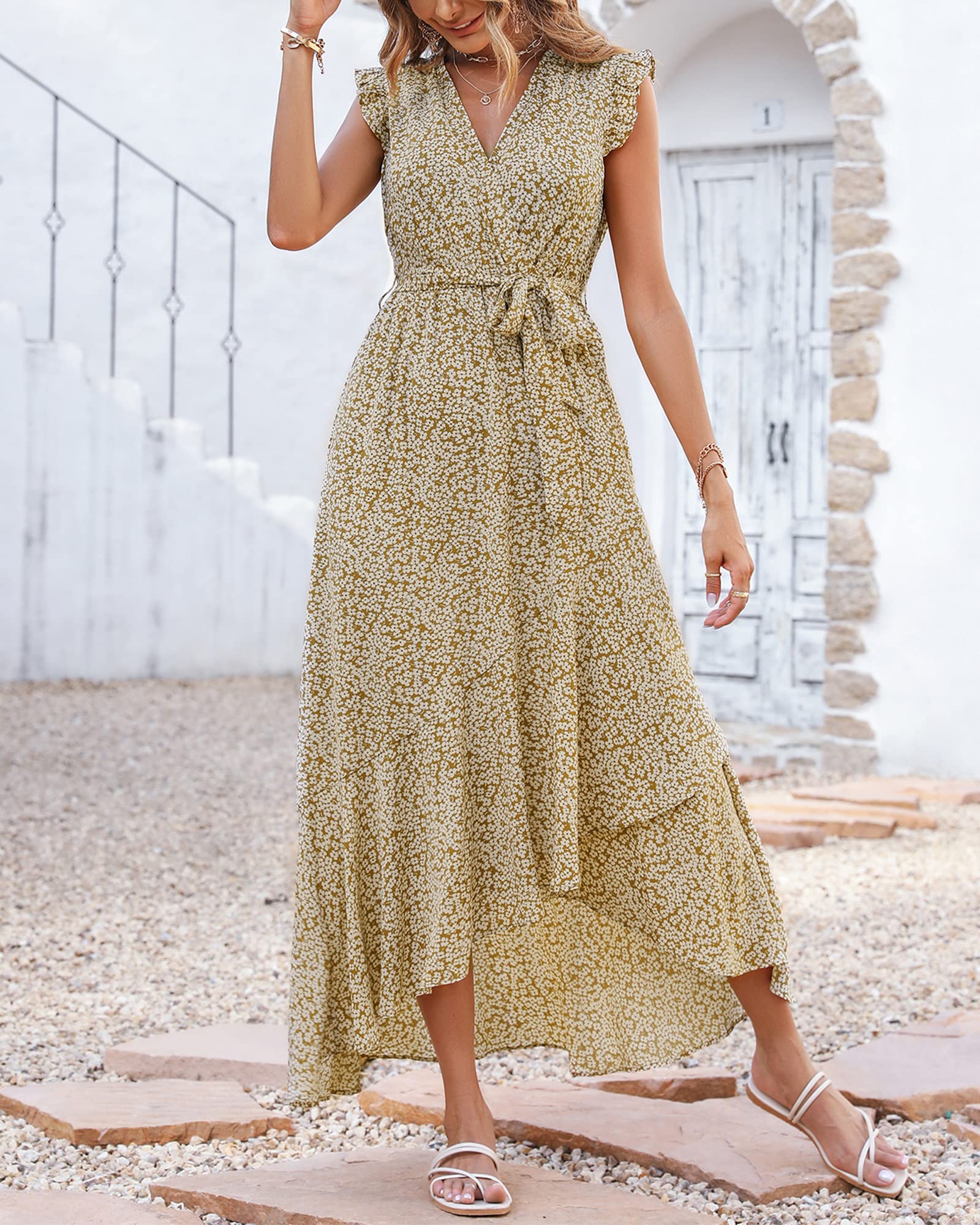 BTFBM Women's Floral Maxi Dress 2025 - V-Neck Ruffle Sleeve Wrap Belt Summer Beach Dress for Vacation, Wedding Guest & Spring Occasions | Perfect for Beach Parties, Bridal Showers and Outdoor Events