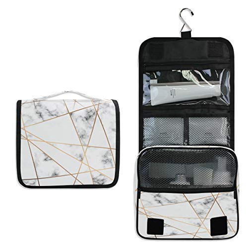 Waterproof Marble Gold Glitter Hanging Toiletry Bag - Large Travel Cosmetic Organizer for Women | Portable Makeup Pouch for Bathroom, Gym & Vacation | Perfect Gift for Girls