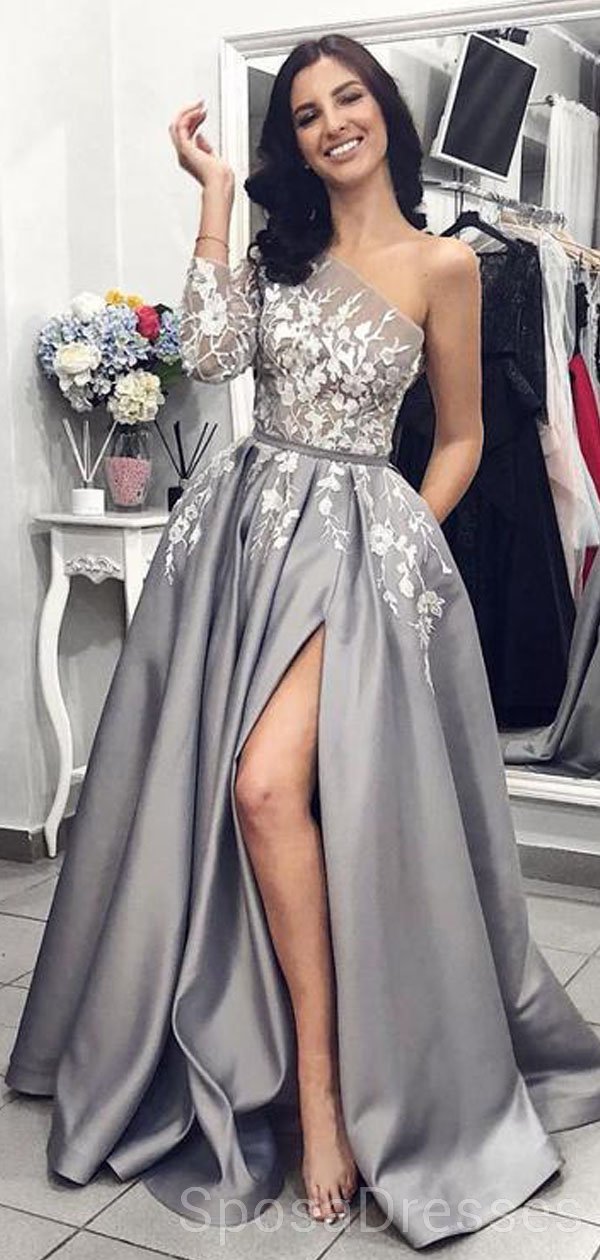 Elegant Grey One Shoulder Long Sleeve Lace Evening Gown - Custom Sweet 16 Prom Dress for Women | Perfect for Formal Dances, Quinceañeras & Special Occasions