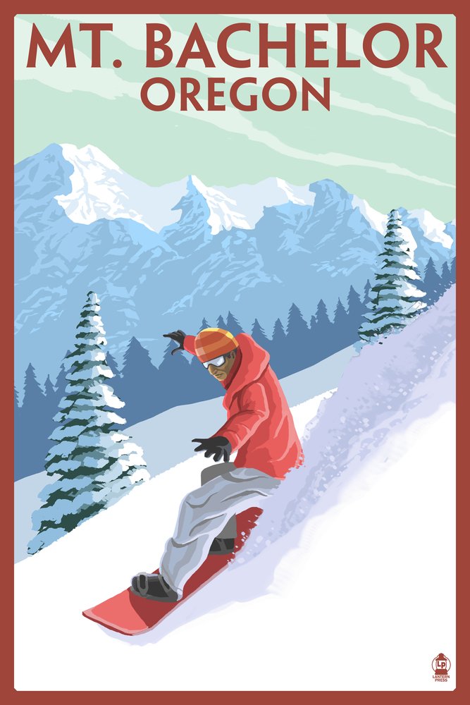 Mt. Bachelor Oregon Snowboarder Scene 41685 - Signed 24x36 Art Print Poster | Wall Decor for Ski Lodge, Man Cave & Winter Sports Enthusiasts