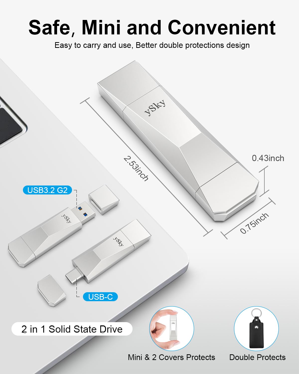 ySky 1TB USB 3.2 SSD External Solid State Flash Drive - 500MB/s High Speed USB C & USB A 3.2 Gen 2 Thumb Drive - 2-in-1 Dual Interface for iPad Pro, Android Phones, MacBook, Windows Laptops, Tablets - Portable Storage with Leather Keychain Case for Work, Travel & Data Backup