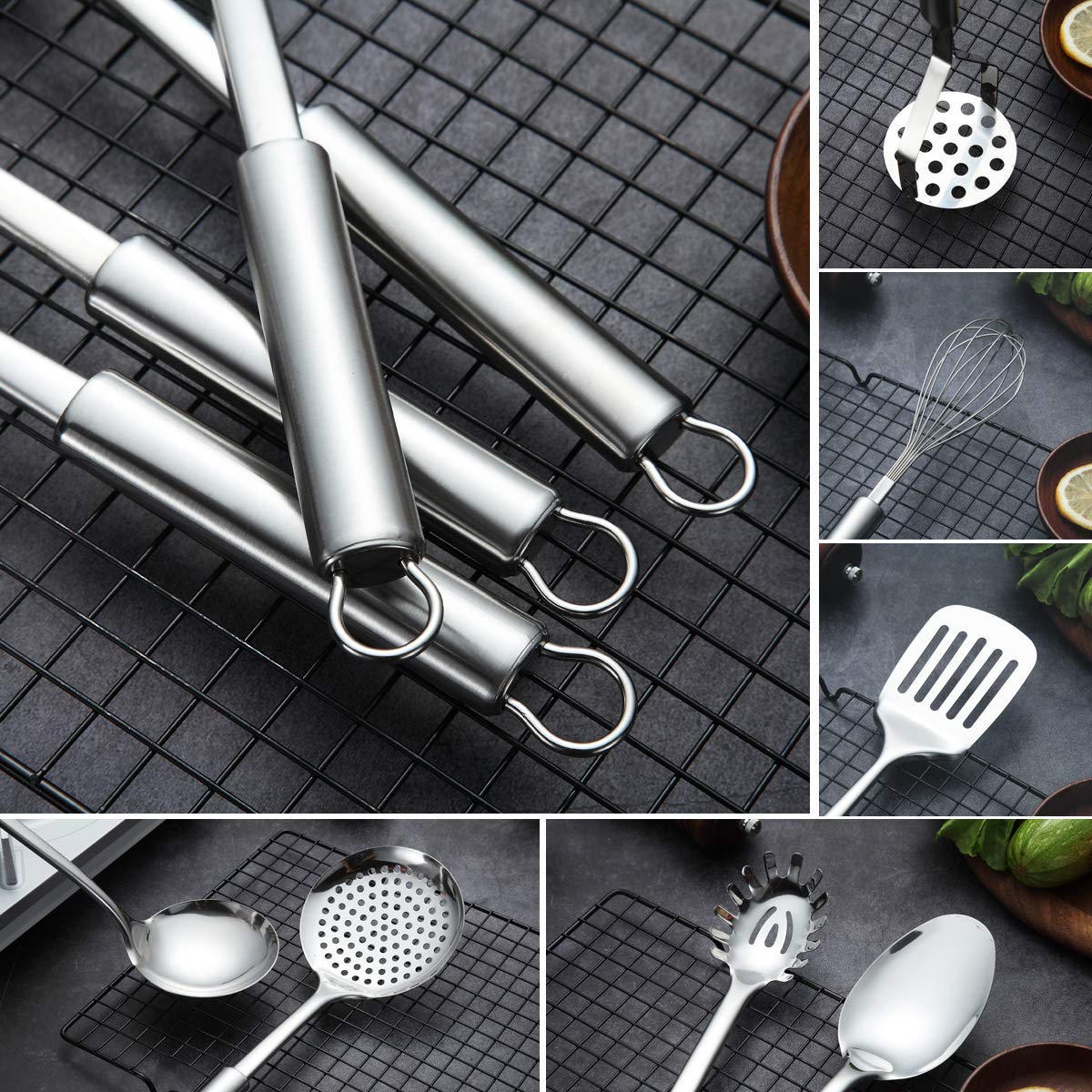 Premium 8-Piece Stainless Steel Kitchen Utensil Set with Stand - Includes Slotted Turner, Ladle, Skimmer, Serving Spoon, Pasta Server, Potato Masher & Egg Whisk - Perfect for Cooking, Baking & Serving Dishes