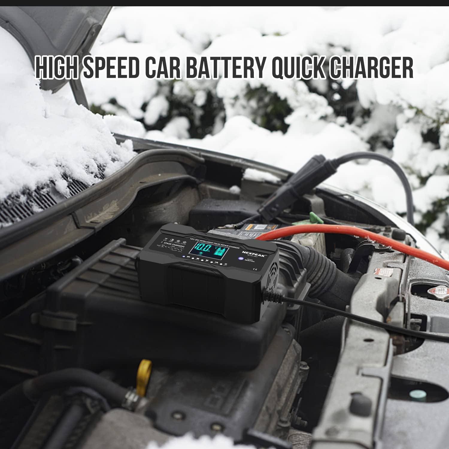 NEXPEAK 10-Amp Smart Car Battery Charger - 12V/24V Fully Automatic Trickle Charger & Maintainer with Temperature Compensation for Trucks, Motorcycles, Lawn Mowers, Boats & Marine Lead Acid Batteries - Ideal for Winter Storage, RV Maintenance & Long-Term Vehicle Preservation