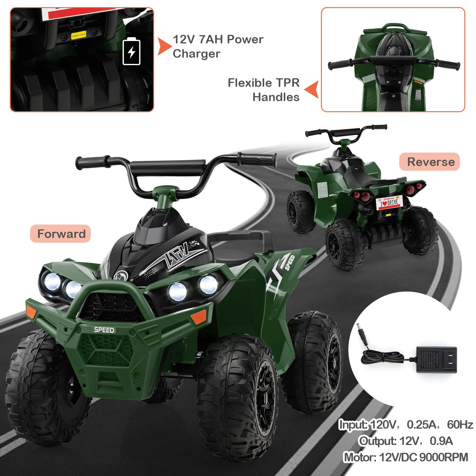 HONEY JOY 12V Kids Electric ATV Ride-On Car - Battery Powered 4 Wheeler with Tread Tires, Dual Speed, Horn & LED Lights - Perfect Gift for Boys & Girls (Green) | Outdoor Play & Backyard Adventure Vehicle