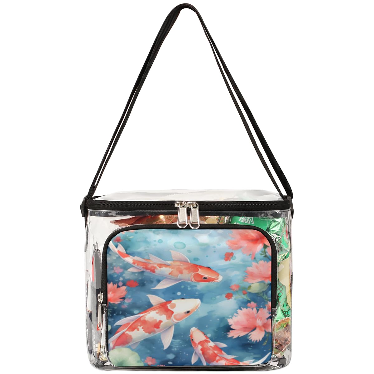 GzLeyigou Transparent Tote Bag with Red Koi Fish Design - Waterproof Clear Crossbody Shoulder Bag for Lunch, Beach, Picnic, Travel, Concerts & Sports Events | Stadium Approved Multipurpose Carryall