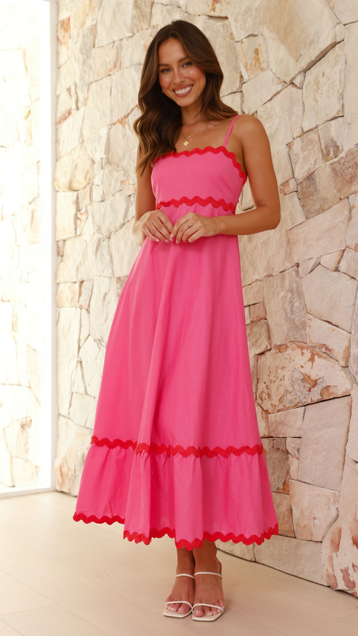 Brodey Midi Dress for Women - Flowy Pink & Red Summer Dress with Short Sleeves | Perfect for Beach Vacation, Date Night & Casual Outings