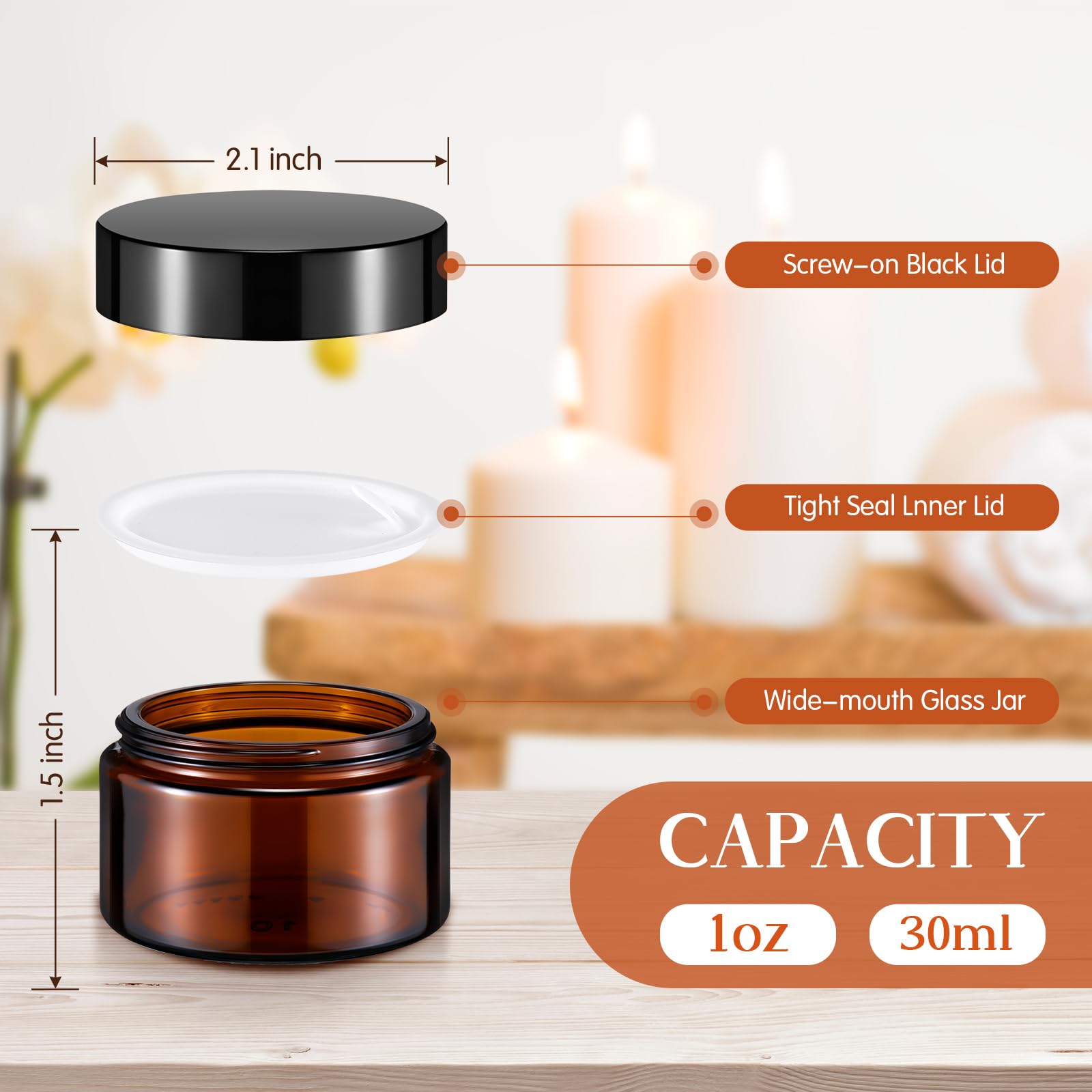Domensi 60-Pack 1oz Amber Glass Jars with Black Lids - Small Cosmetic Containers for Salves, Lotions, Creams & Travel-Size Candles - Includes Inner Liners for Leak-Proof Storage (Perfect for DIY Beauty Products, Sample Packaging & Home Spa Organization)
