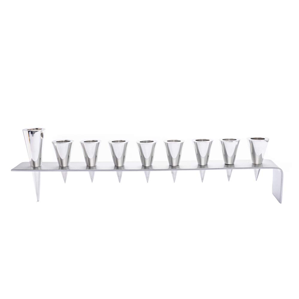 Hanukkah Menorah - 9 Branch Silver Metal Hanukkiyah with Cones Candles Holder - Judaica Holiday Decor for Home, Synagogue & Gift Giving | HMK-1