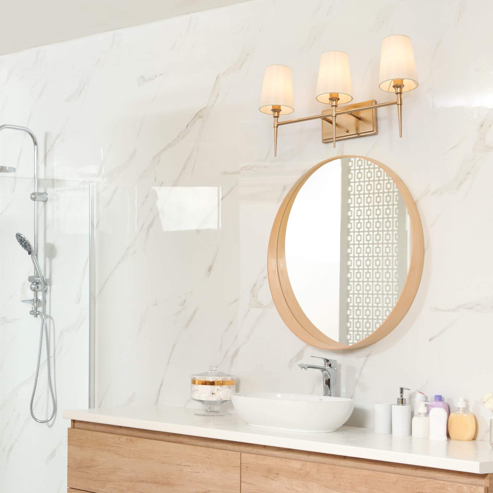 Classy Leaves 3-Light Gold Vanity Lights - Modern Bathroom Lighting Fixture with White Fabric Shade (23