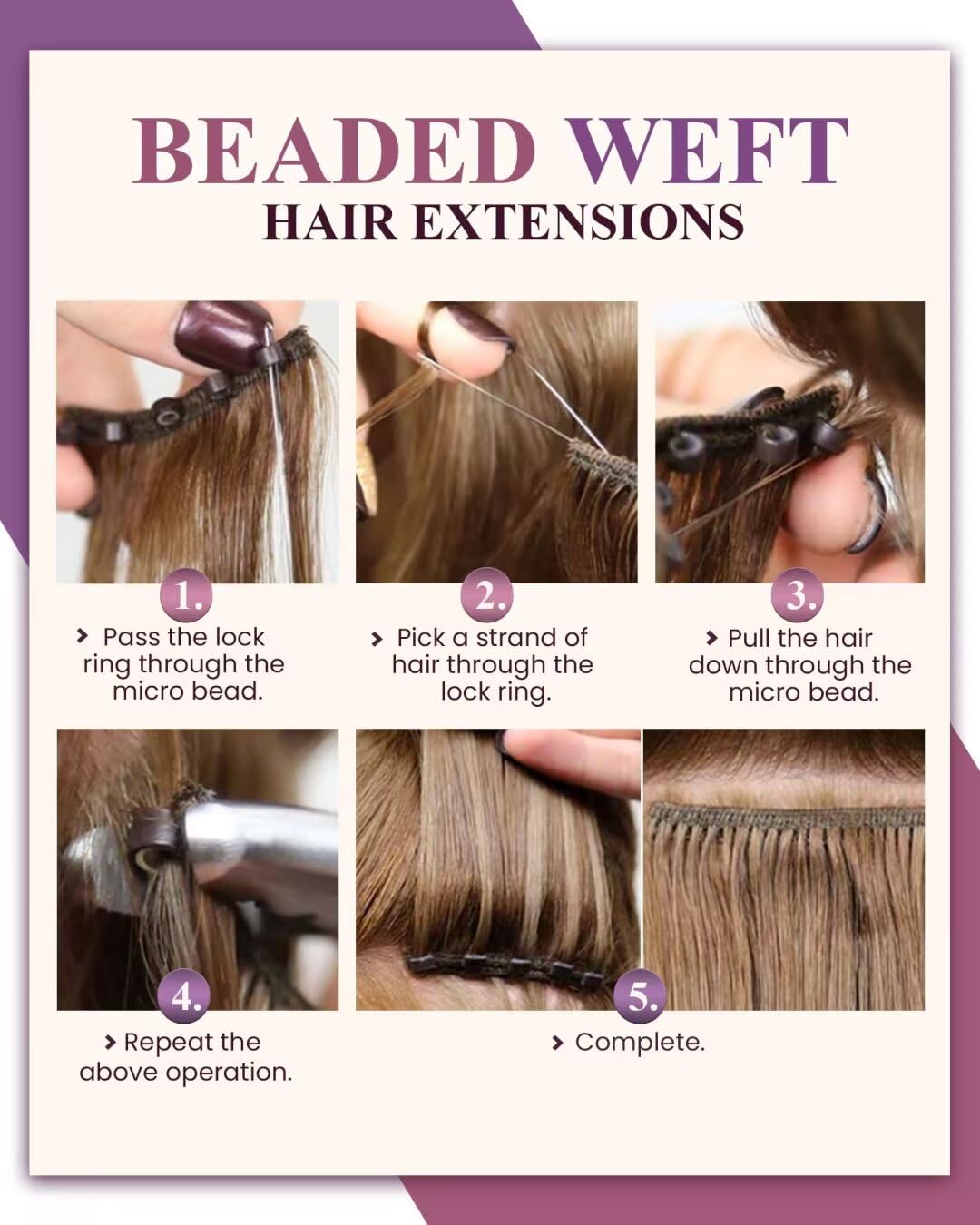 LaaVoo 20inch Brown Beaded Weft Hair Extensions - 50g Real Human Hair for Natural Volume & Length | Perfect for Daily Styling, Weddings & Special Occasions