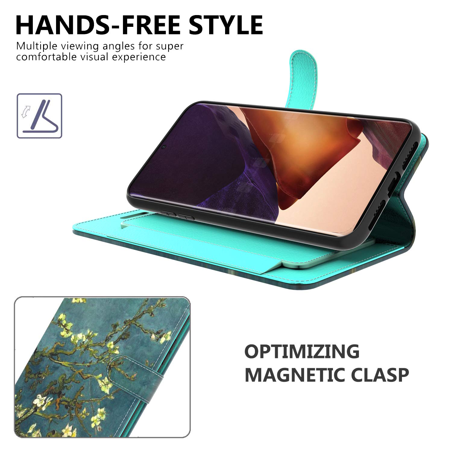 Premium RFID Blocking PU Leather Flip Folio Wallet Case for Samsung Galaxy Note 20 Ultra - Almond Blossom Design | Stand Feature & Card Slots | Perfect for Travel, Business & Daily Protection