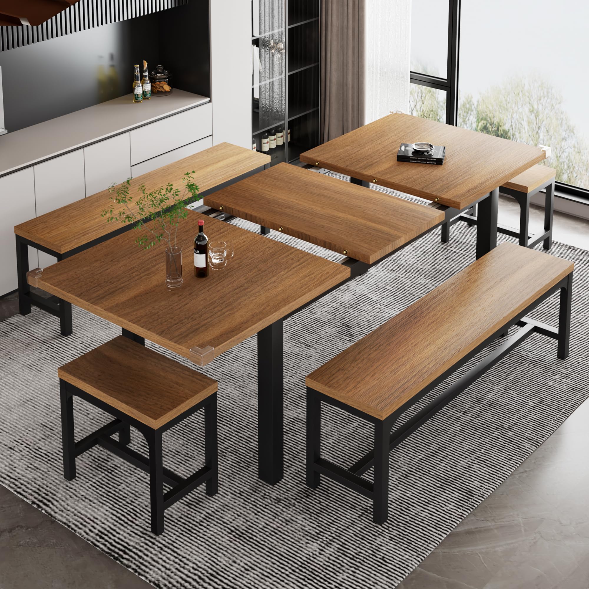 iPormis 5-Piece Extendable Dining Table Set with 2 Benches & 2 Stools - Mid-Century Modern Kitchen Table for 4-8 People, Space-Saving Walnut Design with Metal Frame & MDF Board - Perfect for Small Apartments, Breakfast Nooks and Family Gatherings