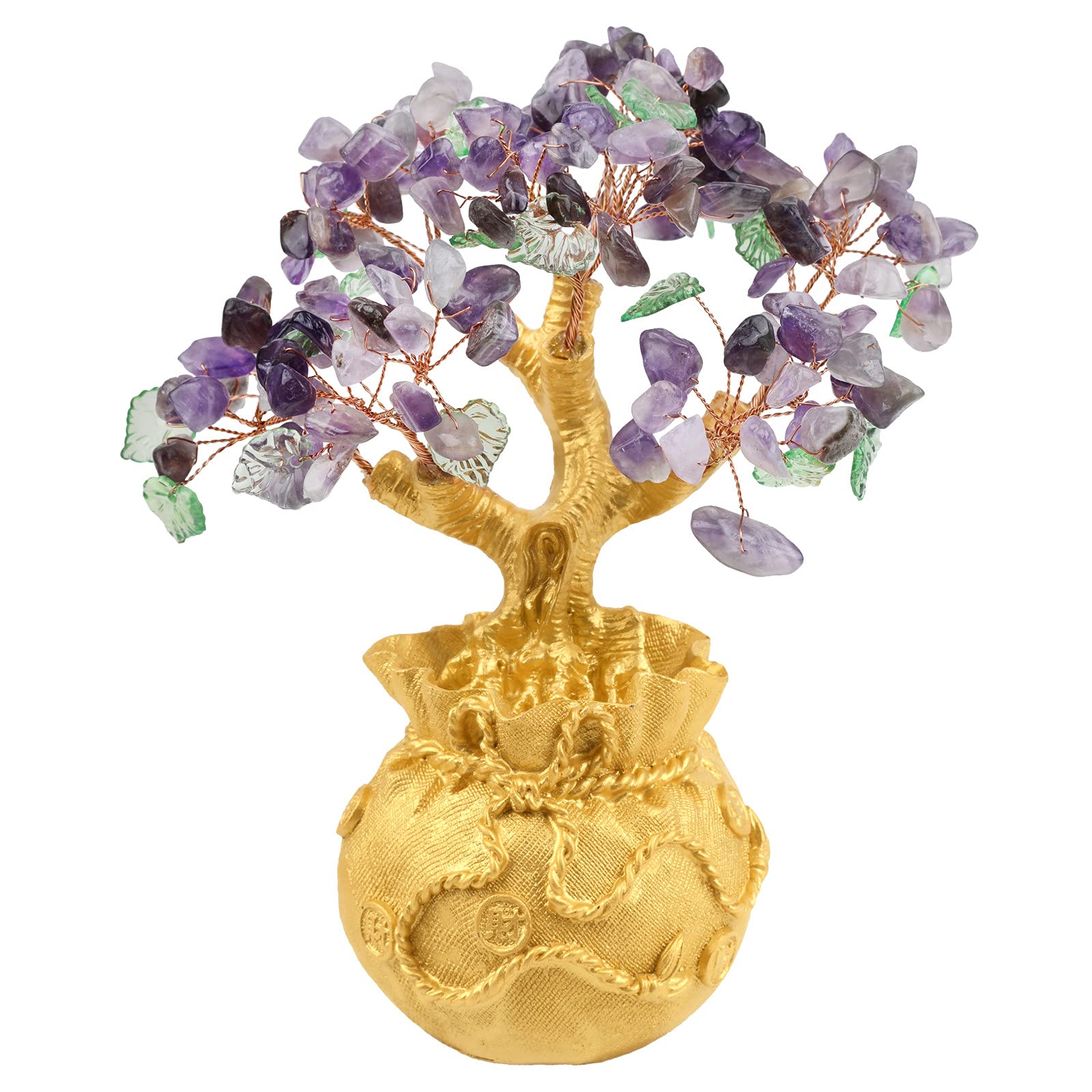 Amethyst Crystal Money Tree with Golden Money Bag Base - Feng Shui Wealth & Luck Bonsai Decor for Office, Home, Desk - Perfect for Meditation Spaces, Gift Giving & Positive Energy