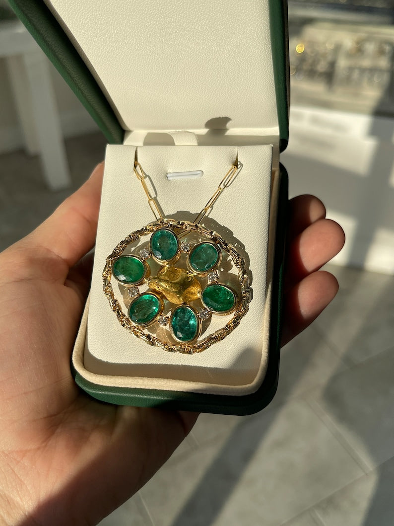 14K Gold Natural Medium Rich Green Oval Emerald & Round Diamond Brooch Necklace - 15.84tcw Elegant Jewelry for Weddings, Parties & Special Occasions