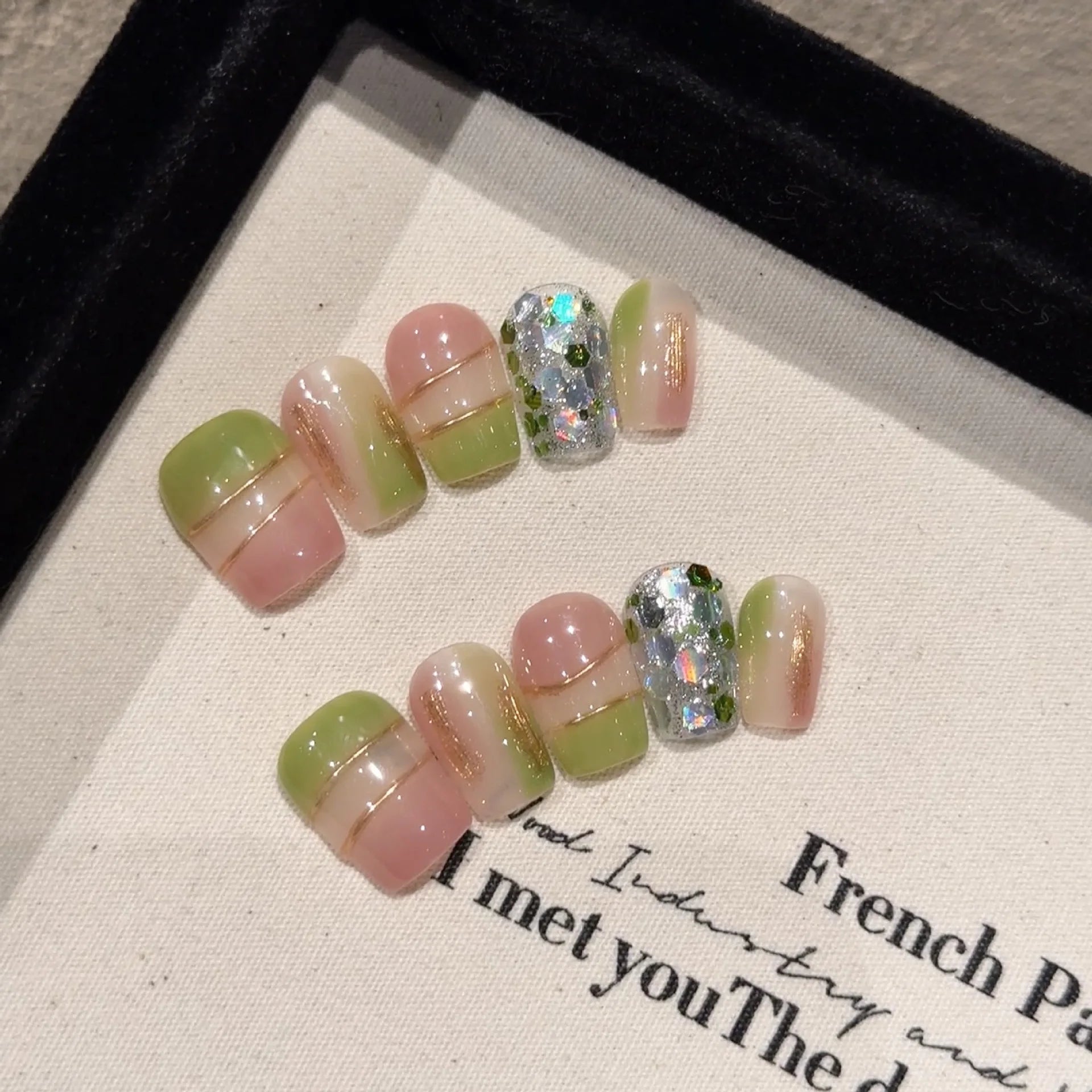 10Pcs Short Square Press-On Nails - Sweet Handmade False Nails with Cute Cartoon & Shimmery Cat Eye Design | Gel Manicure Tips for Women | Perfect for Parties, Weddings & Daily Wear
