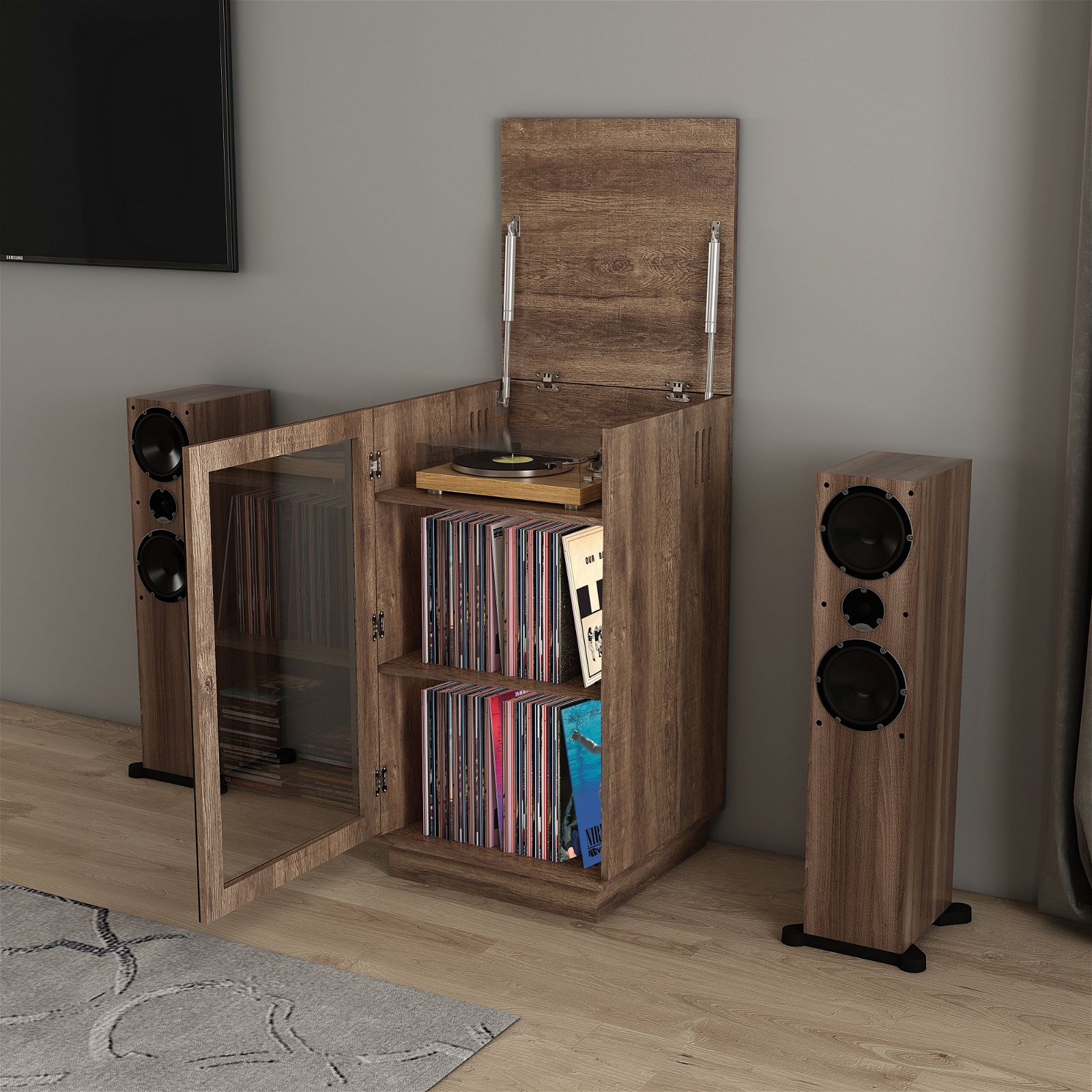 Tauris™ Dark Oak HiFi Storage Cabinet for Turntable & Vinyl Records - Perfect for Home Theater & Music Room Organization