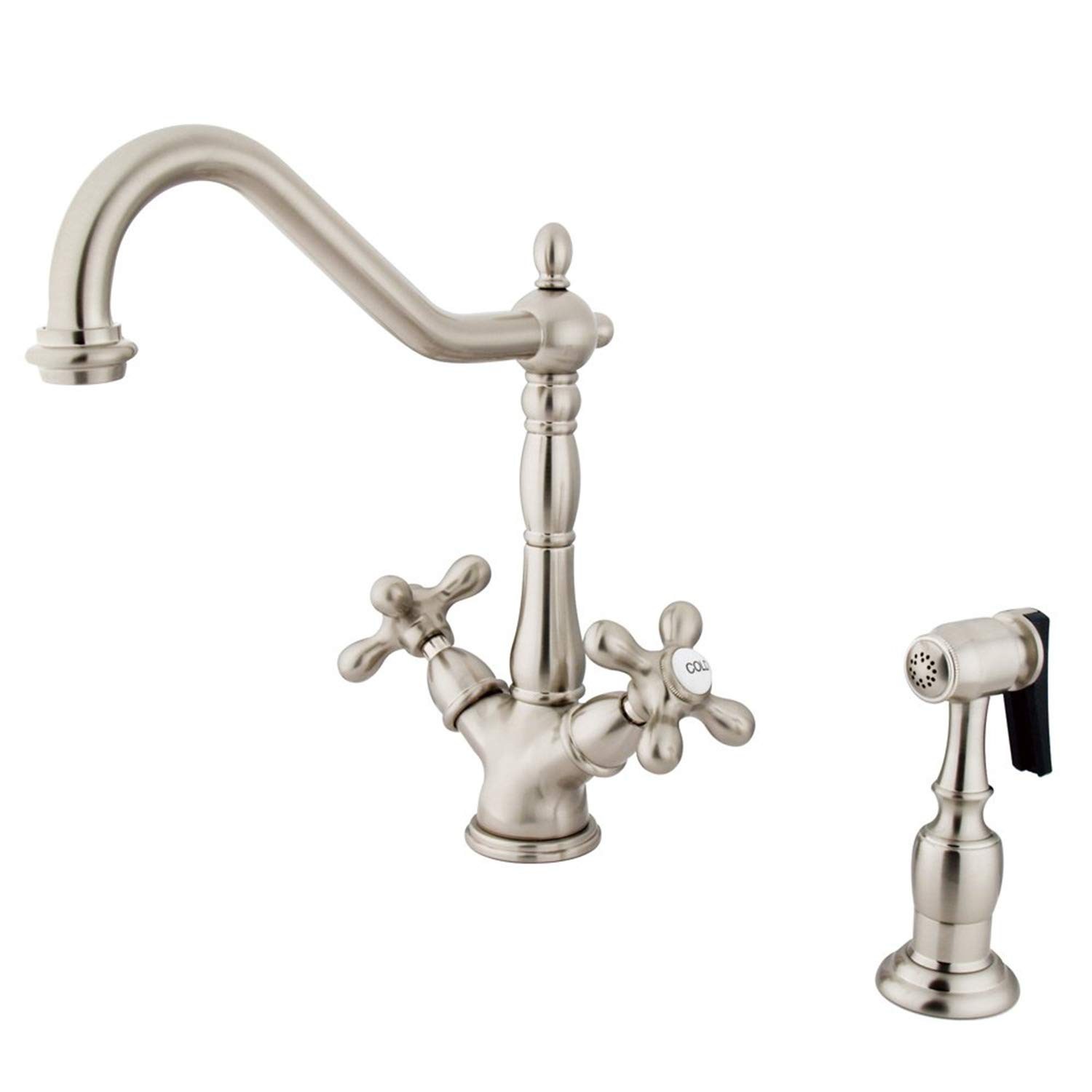Kingston Brass KS1238AXBS Heritage Deck Mount Kitchen Faucet with AX Handle and Brass Sprayer - 8.5 Inch Brushed Nickel Finish for Modern Farmhouse & Traditional Kitchens