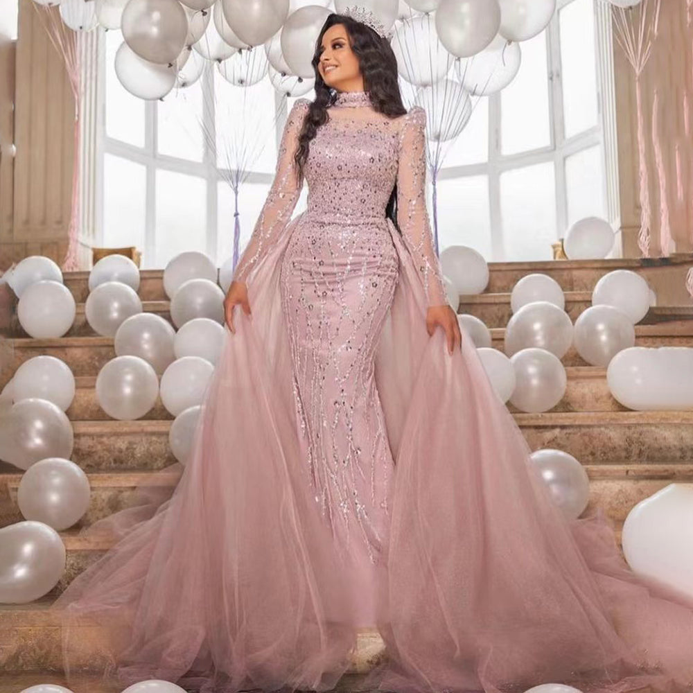 Serene Hill Muslim Pink Long Sleeve High Neck Luxury Beaded Evening Dress Gown 2025 - Elegant Mermaid Formal Gown for Women - Wedding, Prom, Party, Special Occasions - LA71721
