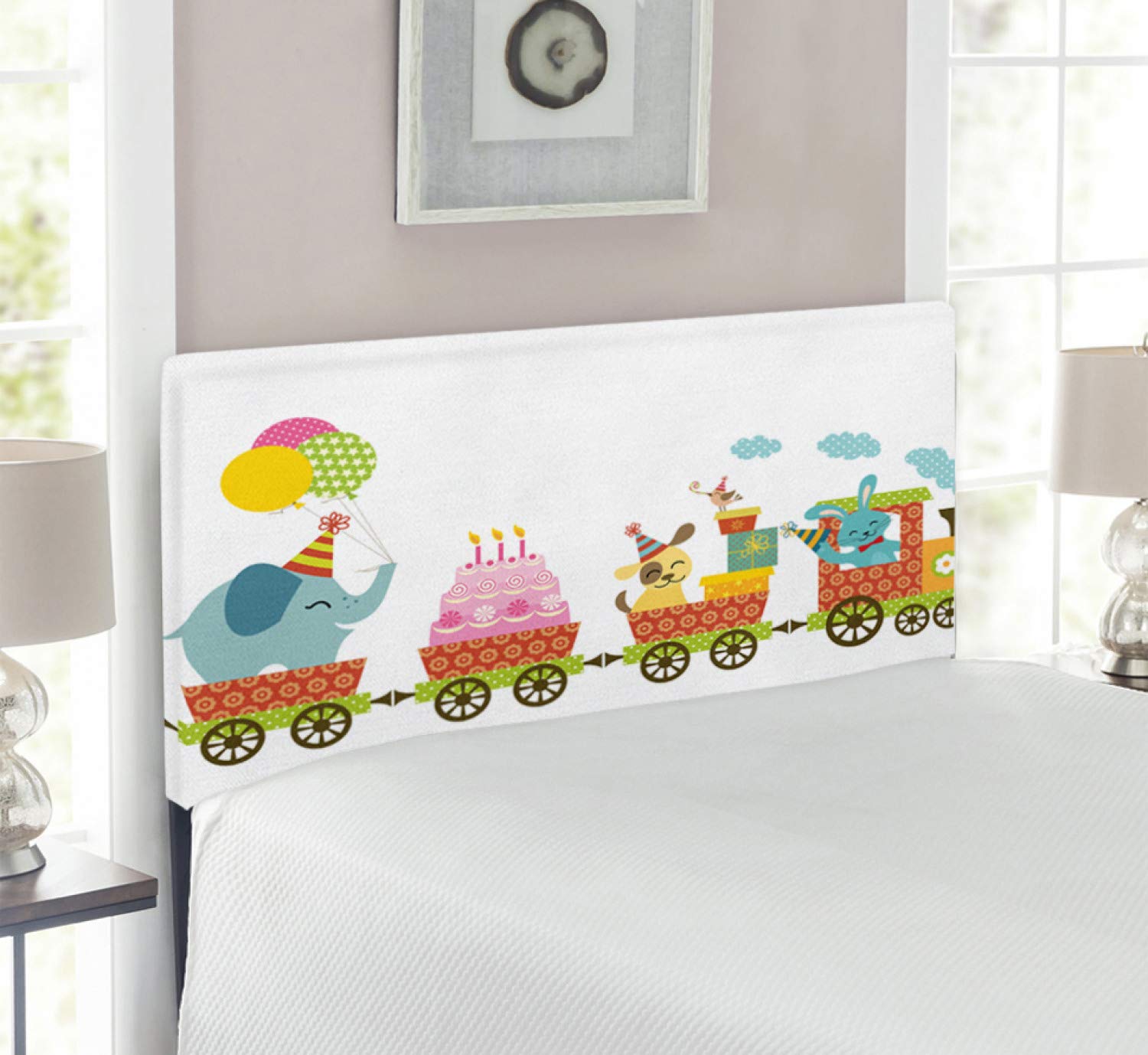 Ambesonne Twin Size Upholstered Metal Bed Headboard with Memory Foam - Happy Birthday Party Design Featuring Cartoon Cake, Desserts, Animals & Balloons - Perfect for Kids' Bedrooms, Birthday Themed Decor & Nursery Rooms