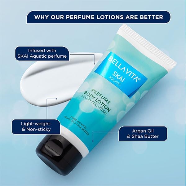 Bella Vita Luxury Skai Aquatic Gift Set - Aloe Vera Body Wash 250ml, EDC Perfume 100ml, Deodorant Body Spray 150ml & Body Lotion 200ml for Deep Cleansing & Hydration - Perfect for Spa Day, Gifts & Travel Essentials