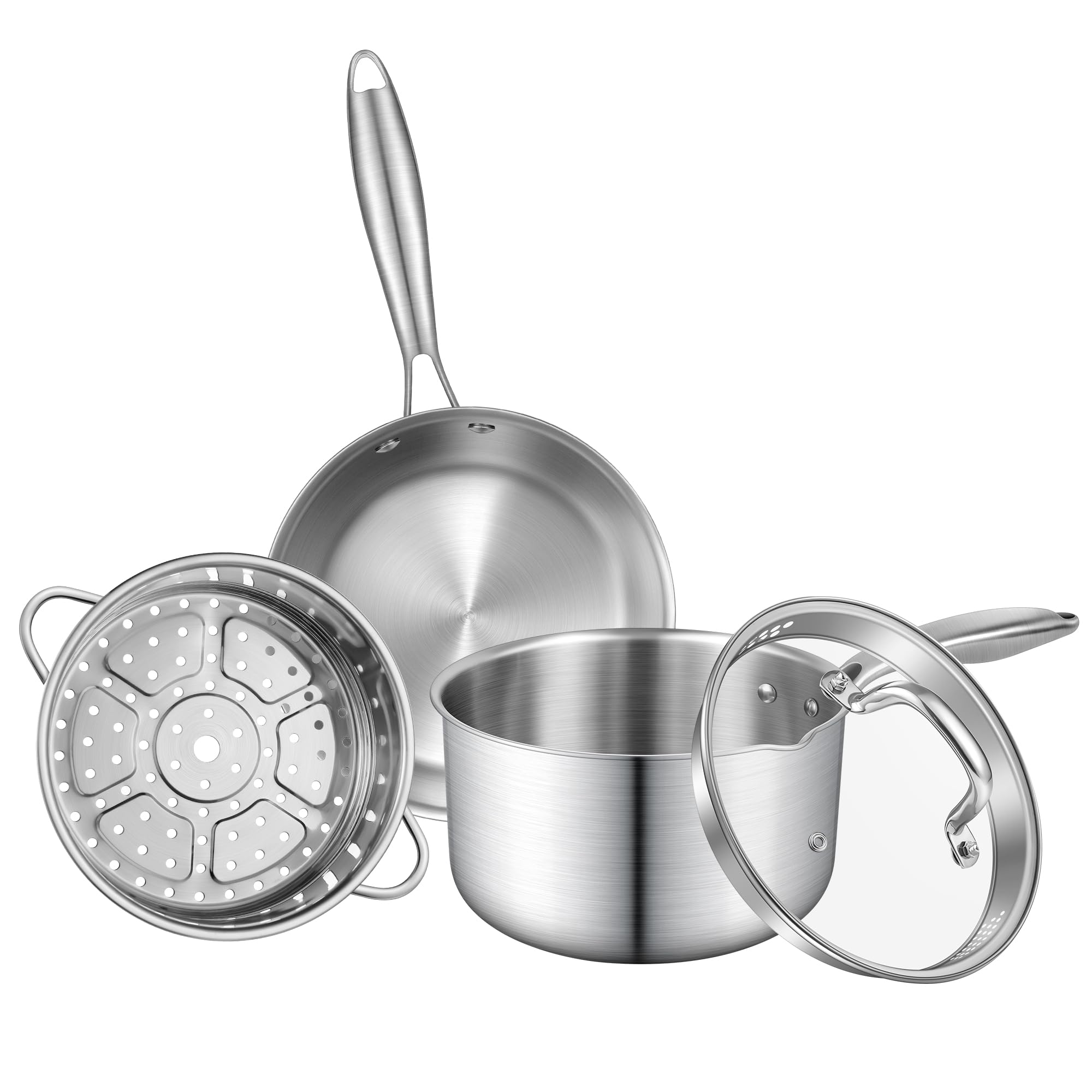 Premium Tri-Ply Stainless Steel Cookware Set – 3.5 QT Saucepan with Steamer Basket & 7 Inch Frying Pan for Pasta, Omelets, Gravies | Professional Kitchen Pots and Pans for Boiling, Steaming & Frying | Ideal for Home Chefs & Cooking Enthusiasts