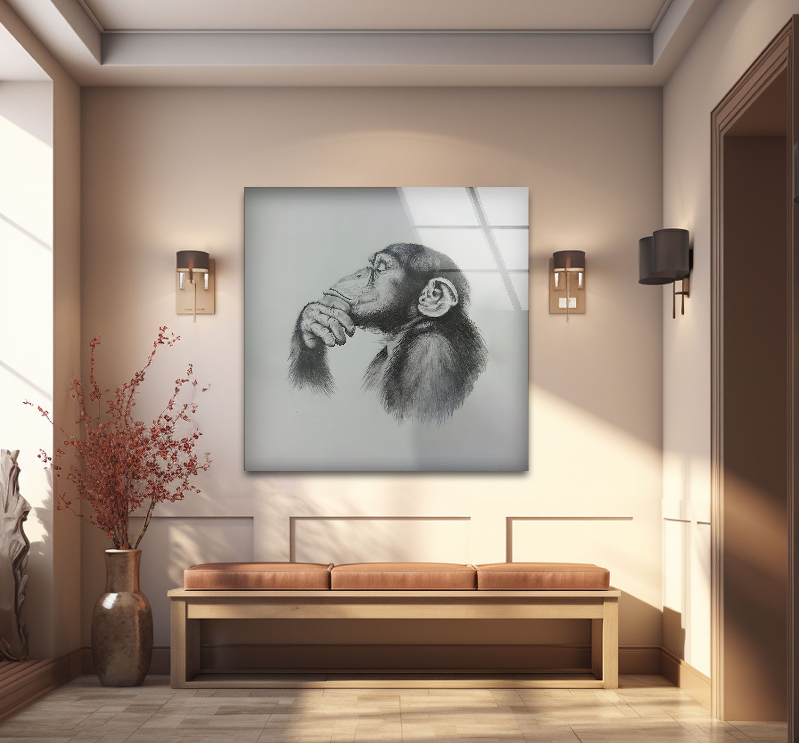Black and White Monkey Drawing Glass Wall Art - Elegant Home Decor for Living Room, Bedroom, or Office